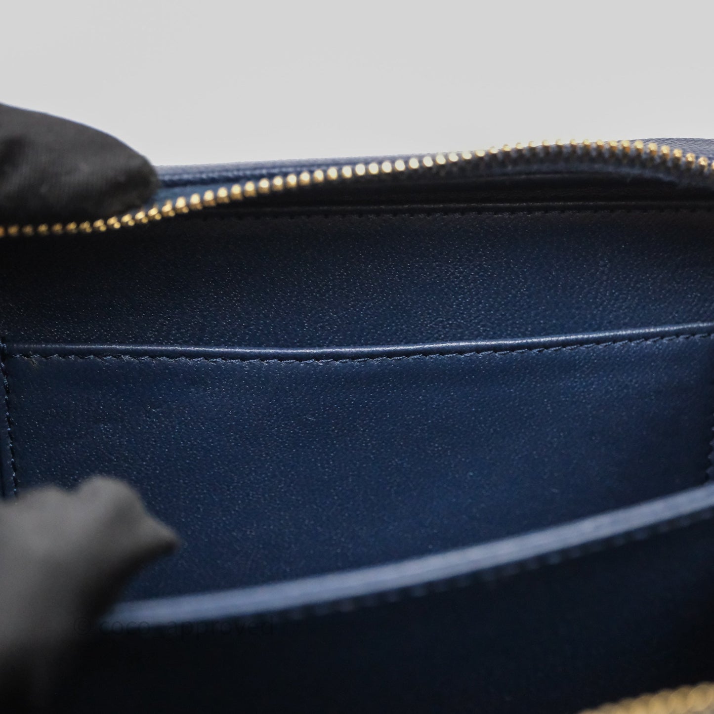 Chanel Quilted Small CC Filigree Vanity Case Navy Caviar Gold Hardware