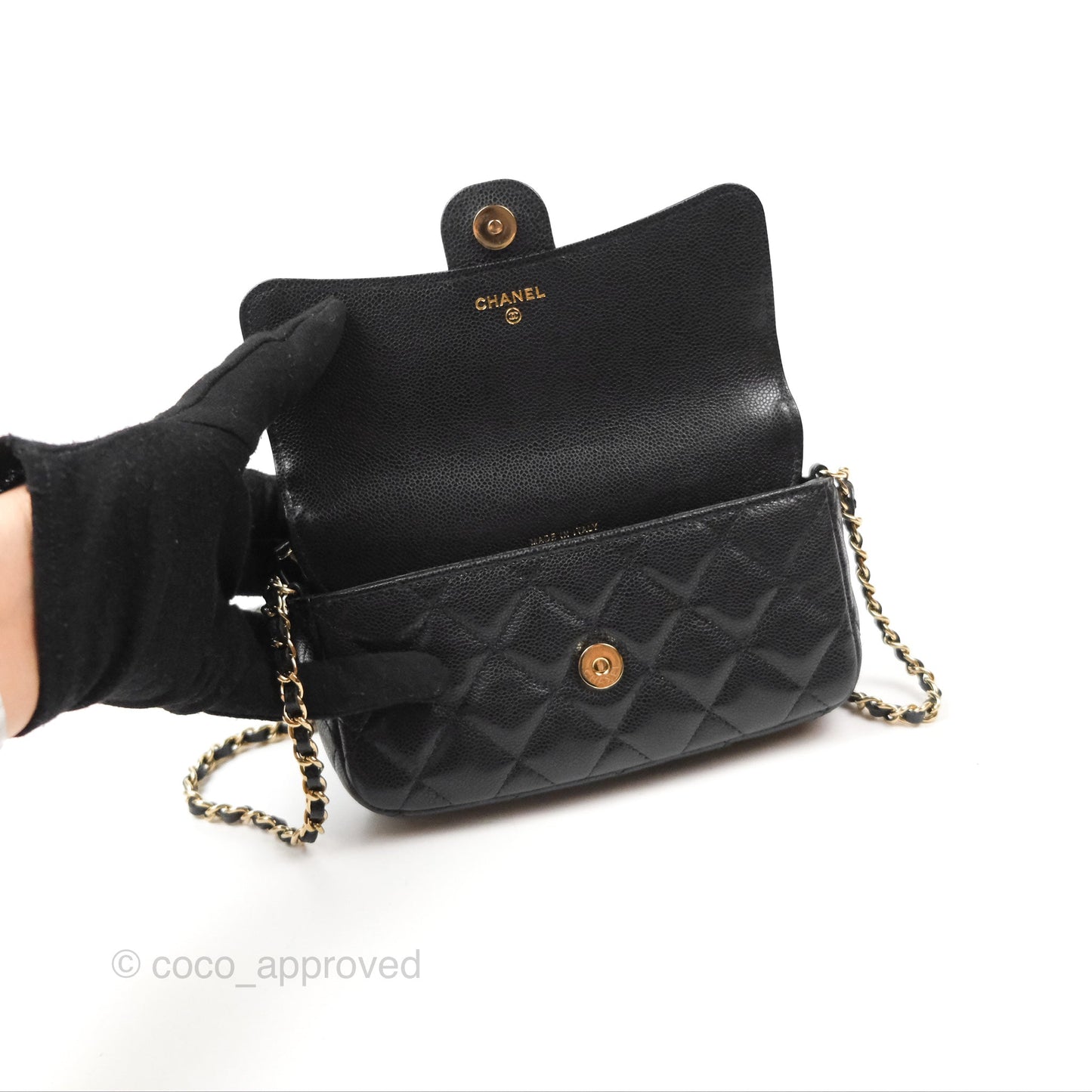 Chanel Classic Flap Phone Holder With Chain Black Caviar Gold Hardware 22A