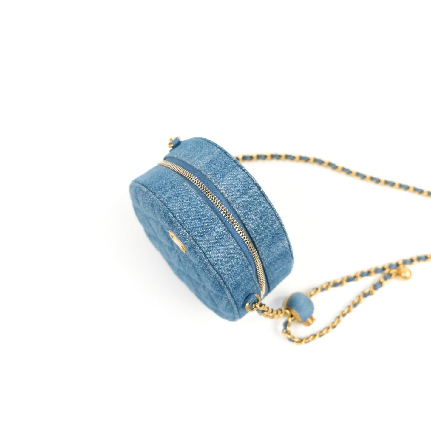 Chanel Quilted Pearl Crush Round Clutch With Chain Denim Aged Gold Hardware