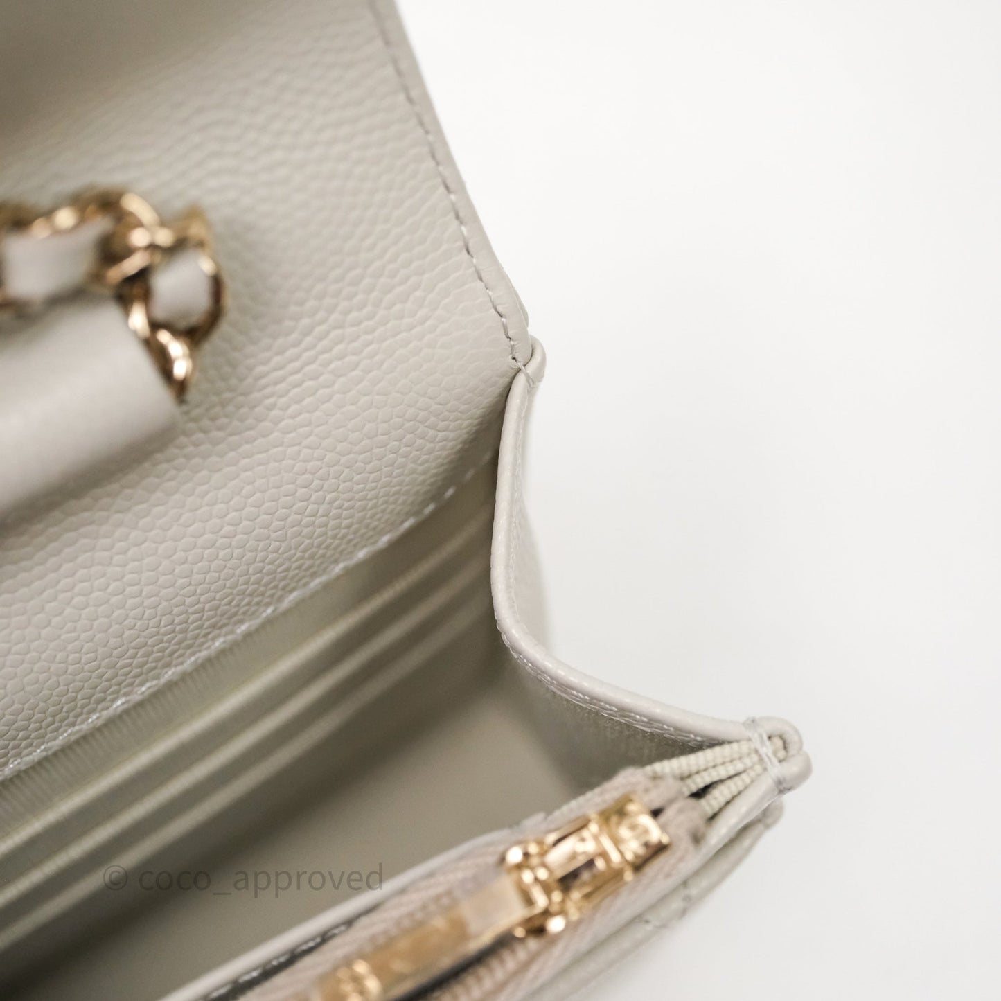 Chanel Quilted Wallet on Chain WOC Light Grey Caviar Gold Hardware 24S