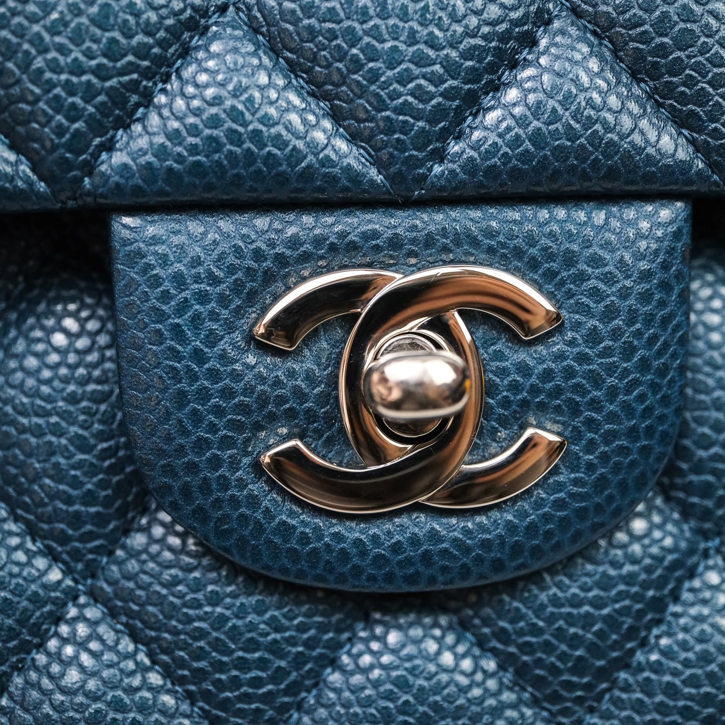 Chanel Classic Medium Flap Quilted Iridescent Teal Caviar Silver Hardware
