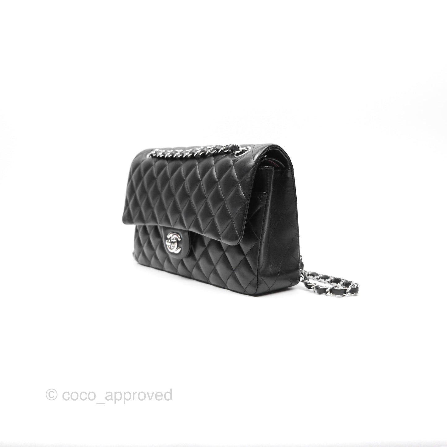 Chanel M/L Medium Classic Flap Quilted Black Lambskin Silver Hardware