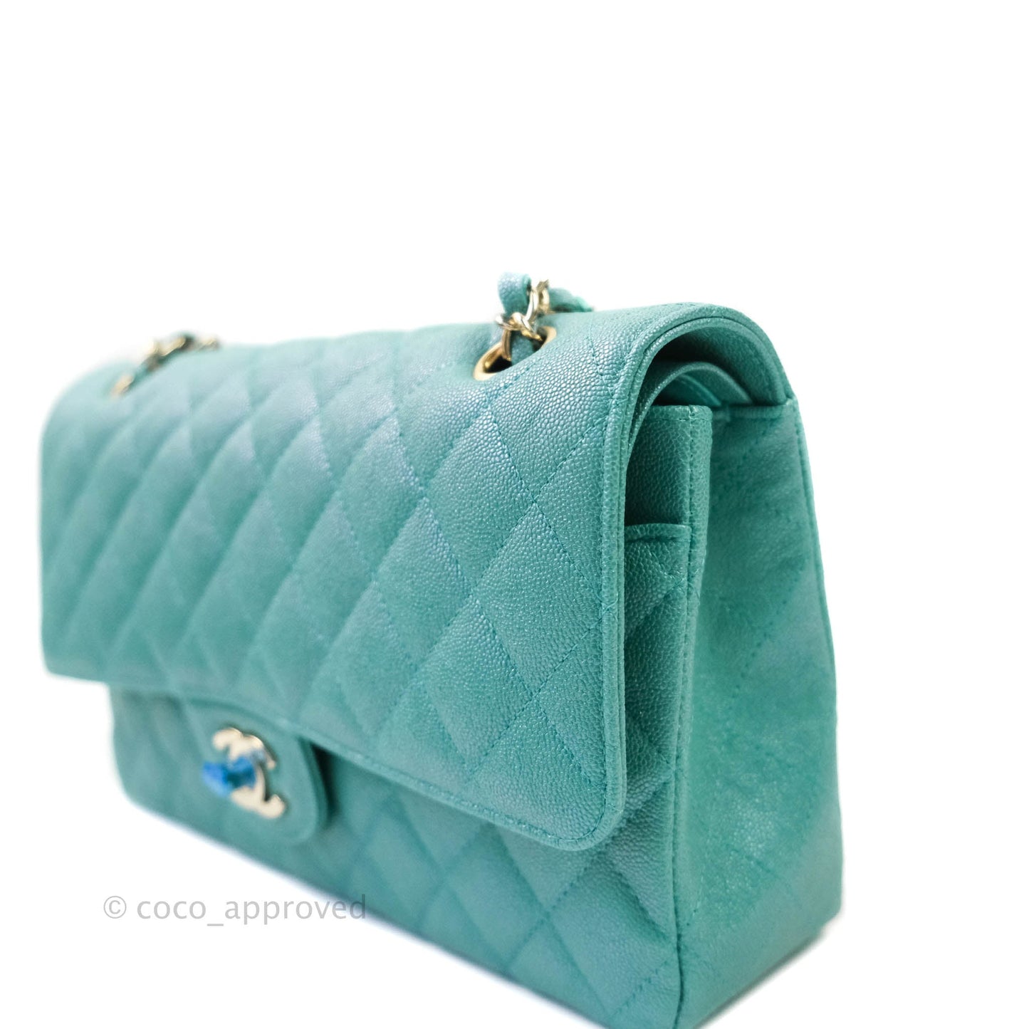 Chanel Classic M/L Medium Double Flap Iridescent Turquoise Caviar Gold Hardware 19S