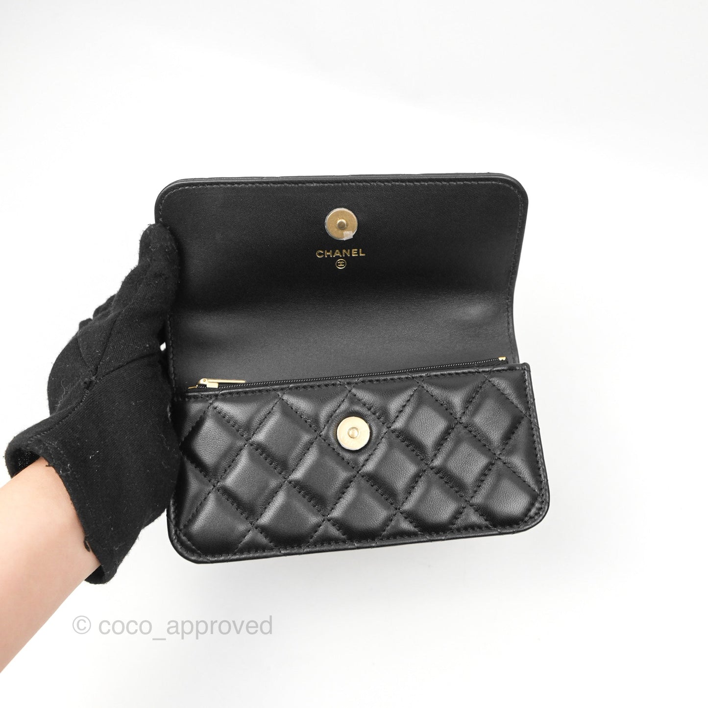 Chanel Mini WOC Phone Holder with Camellia Adjustable Chain Black Lambskin