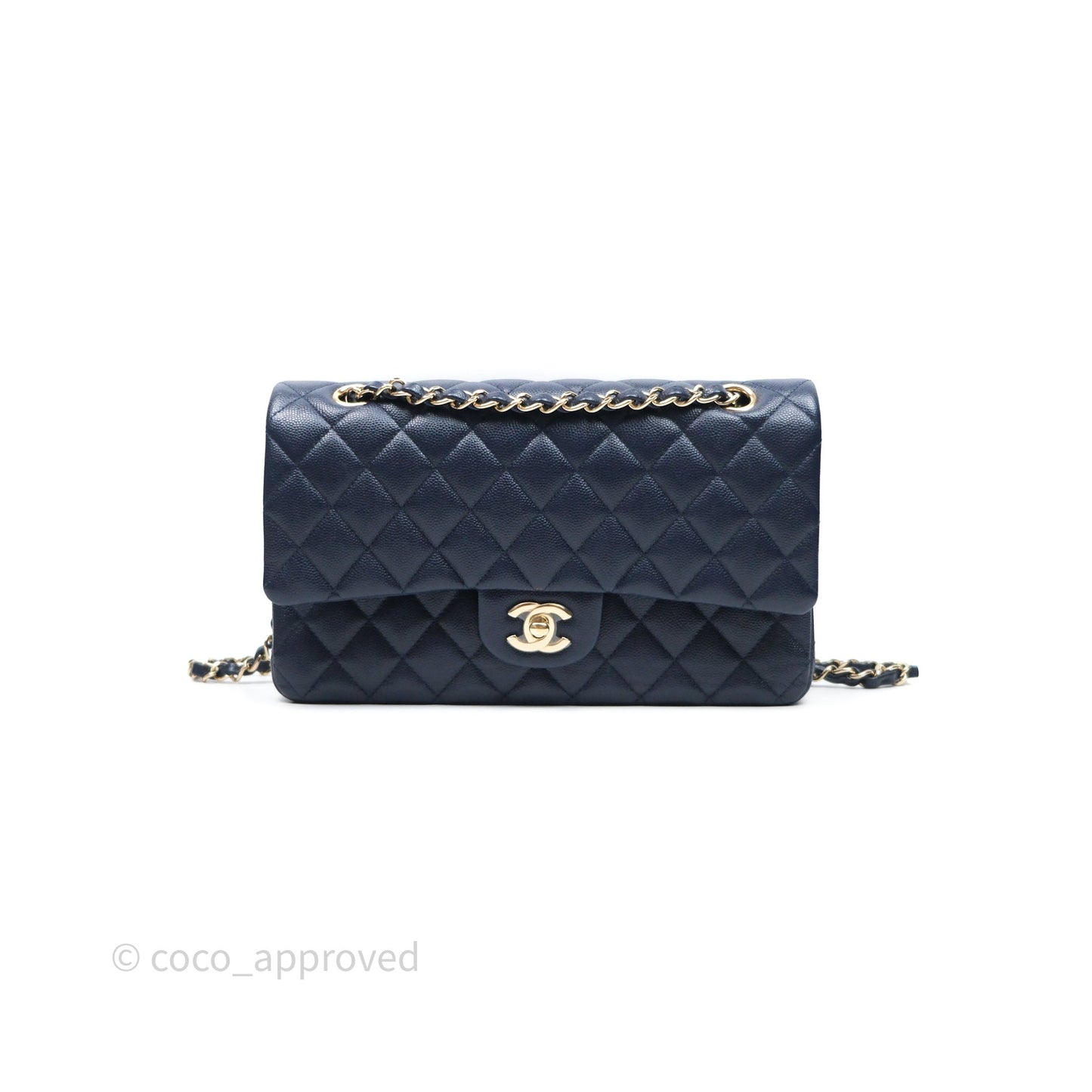Chanel Classic M/L Medium Flap Quilted Navy Caviar Gold Hardware 21S