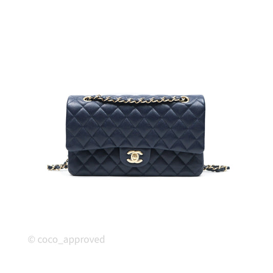 Chanel Classic M/L Medium Flap Quilted Navy Caviar Gold Hardware 21S