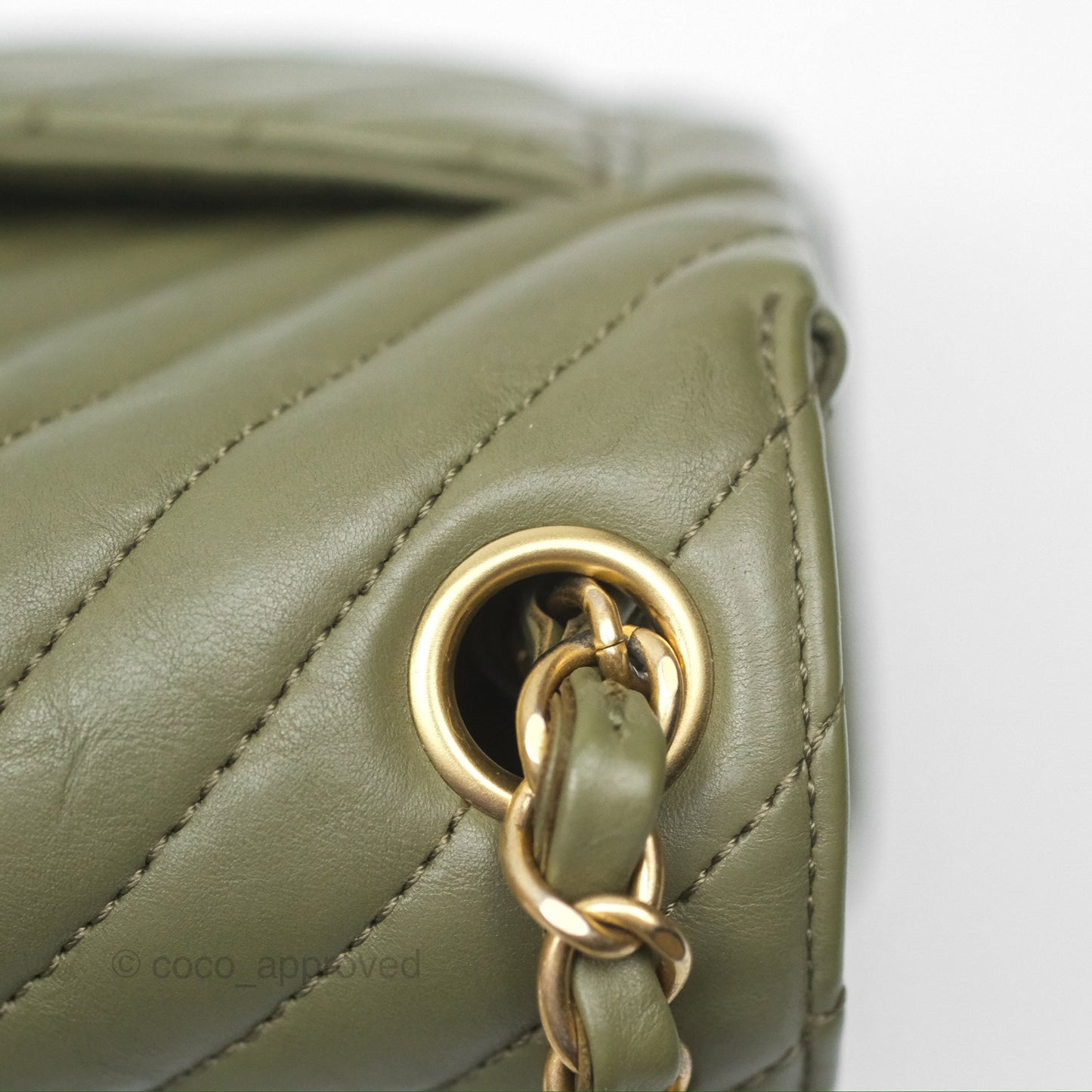 Chanel Mini Square Flap Chevron Olive Green Calfskin Gold Hardware