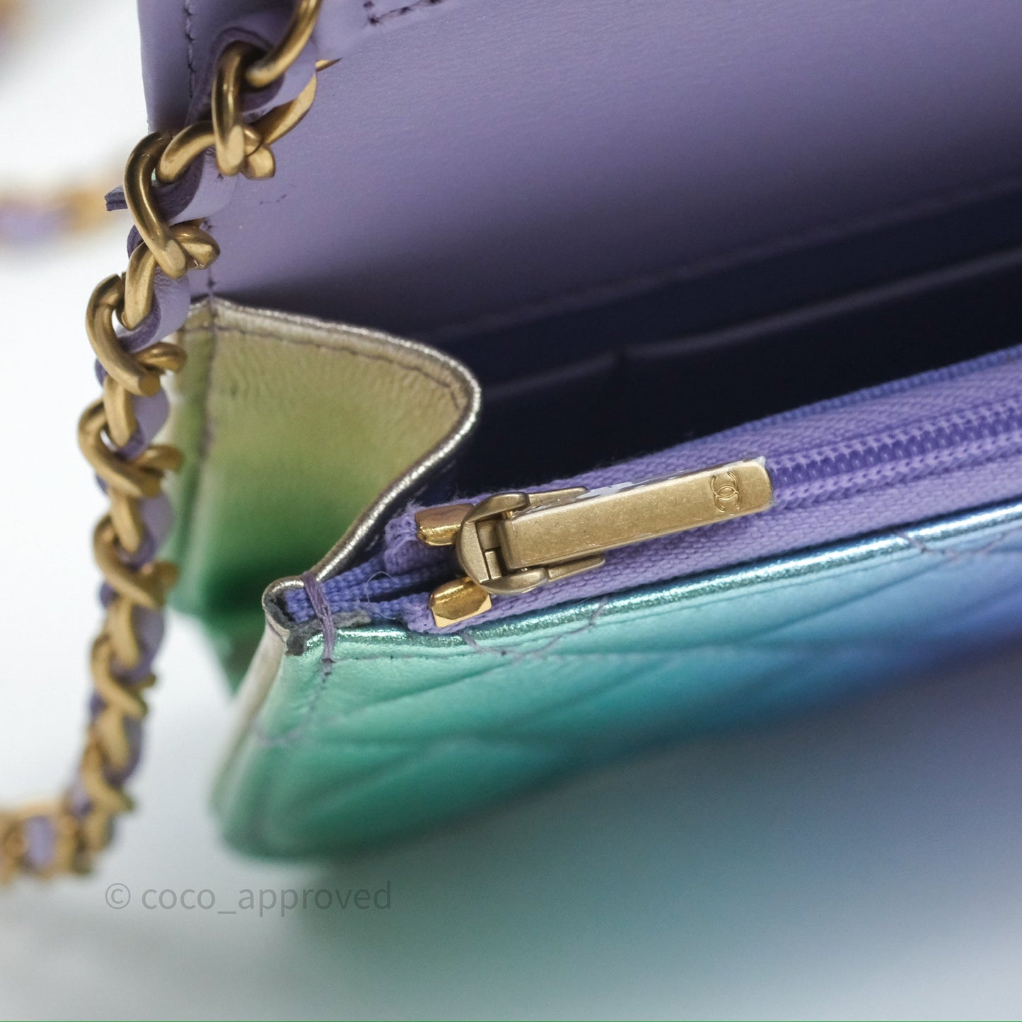Chanel Quilted Phone Holder with Chain Metallic Rainbow Lambskin Aged Gold Hardware 24C