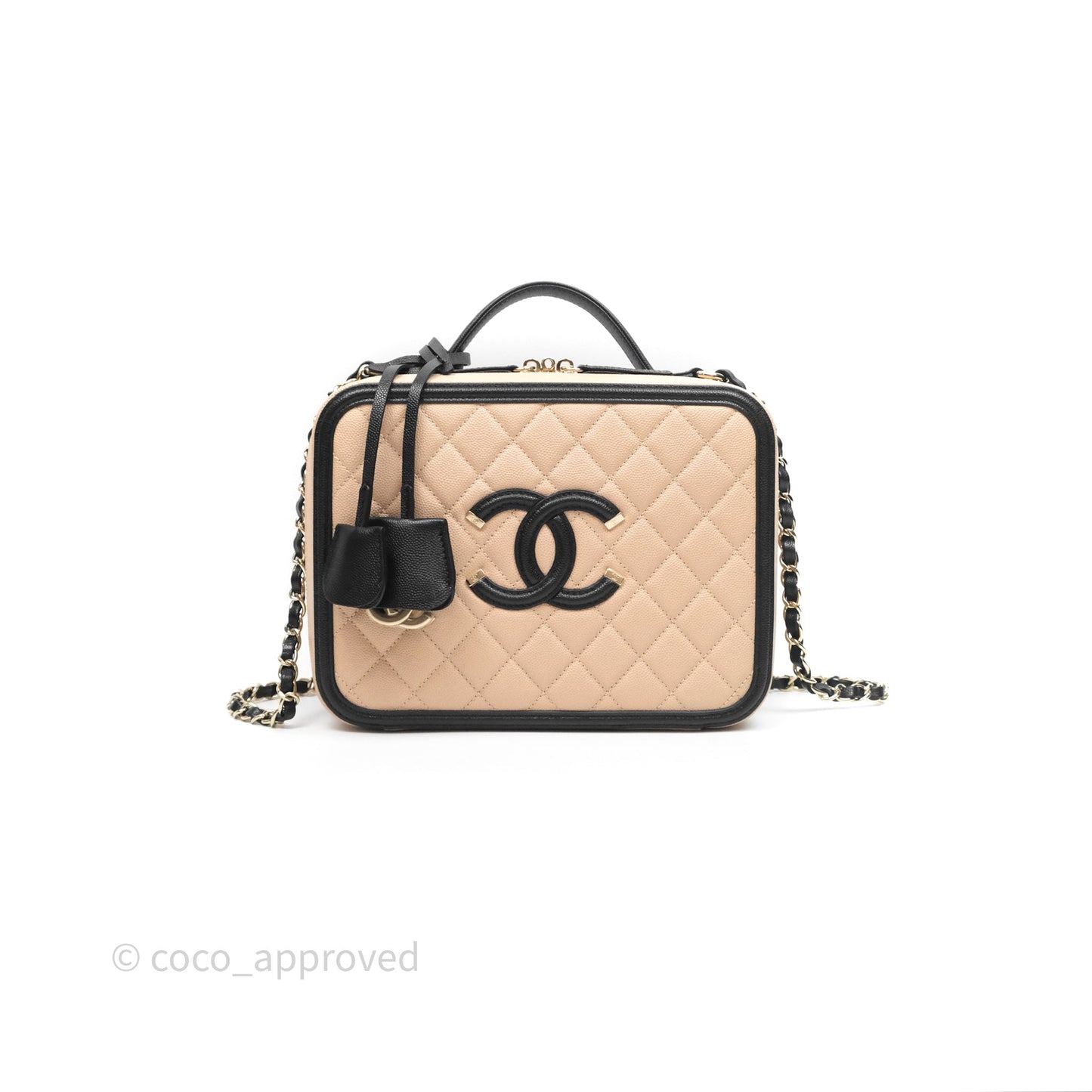 Chanel Quilted Large CC Filigree Vanity Case Beige Black Caviar