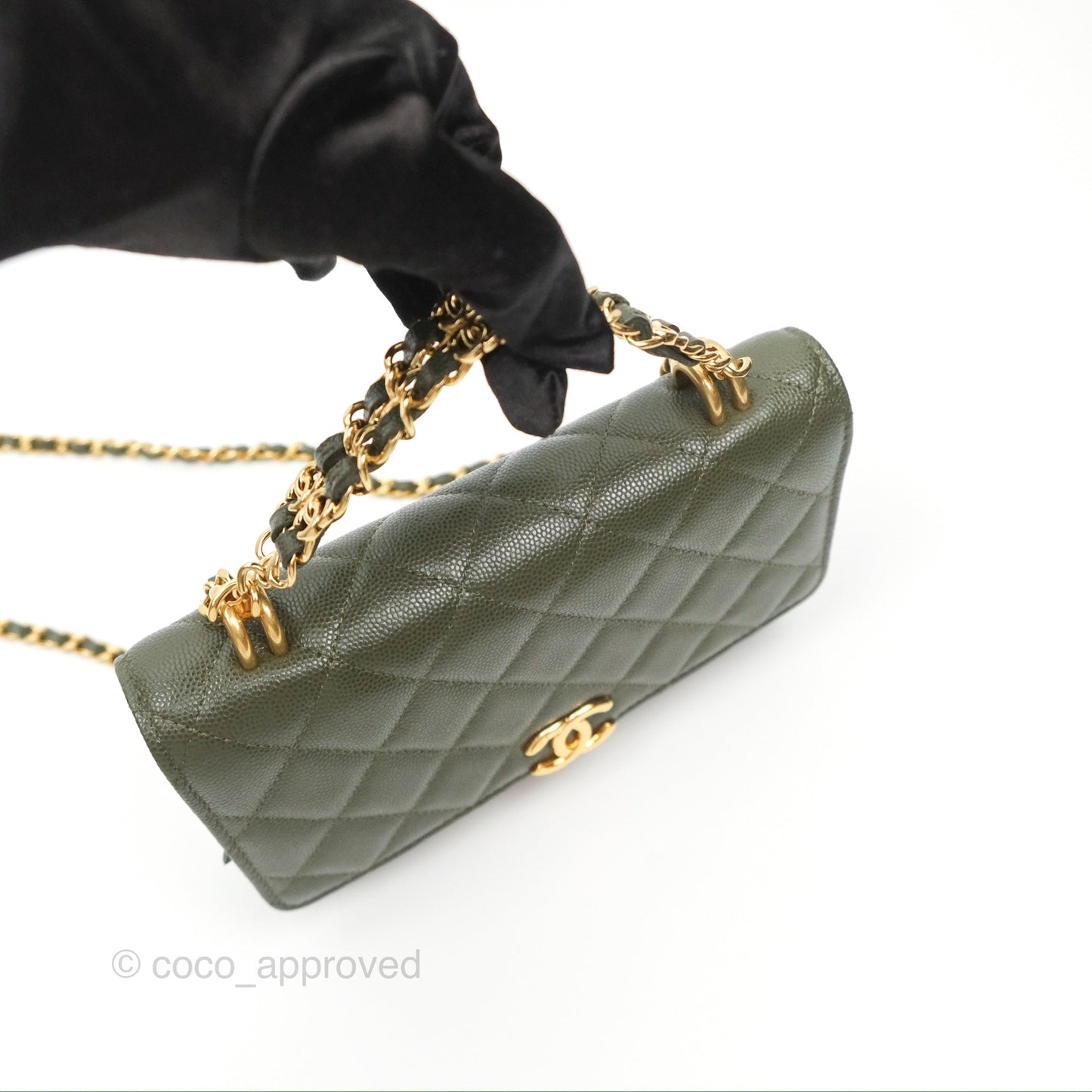 Chanel Coco First Wallet On Chain WOC Dark Olive Green Caviar Gold Hardware 22K