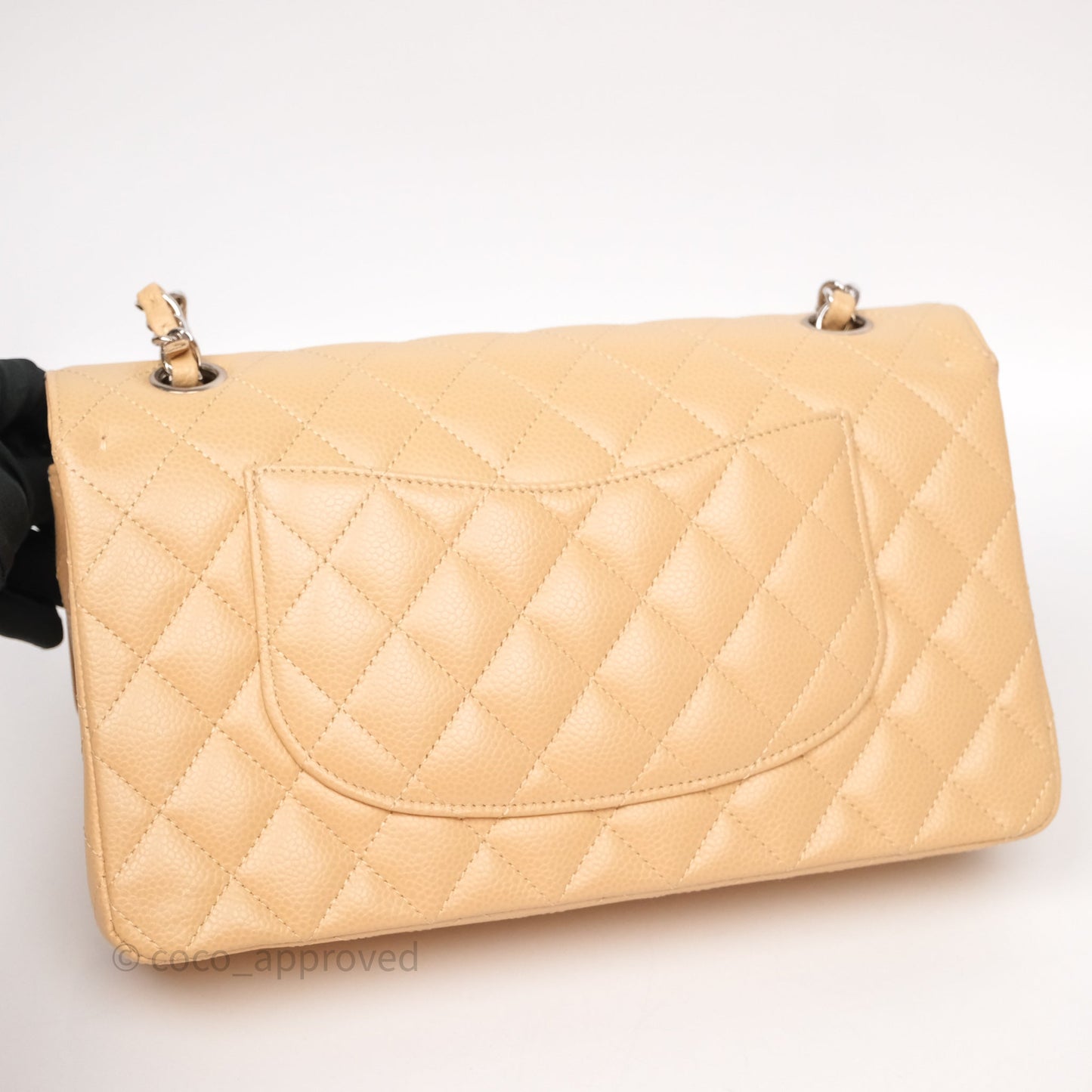 Chanel Classic M/L Medium Flap Quilted Beige Caviar Silver Hardware
