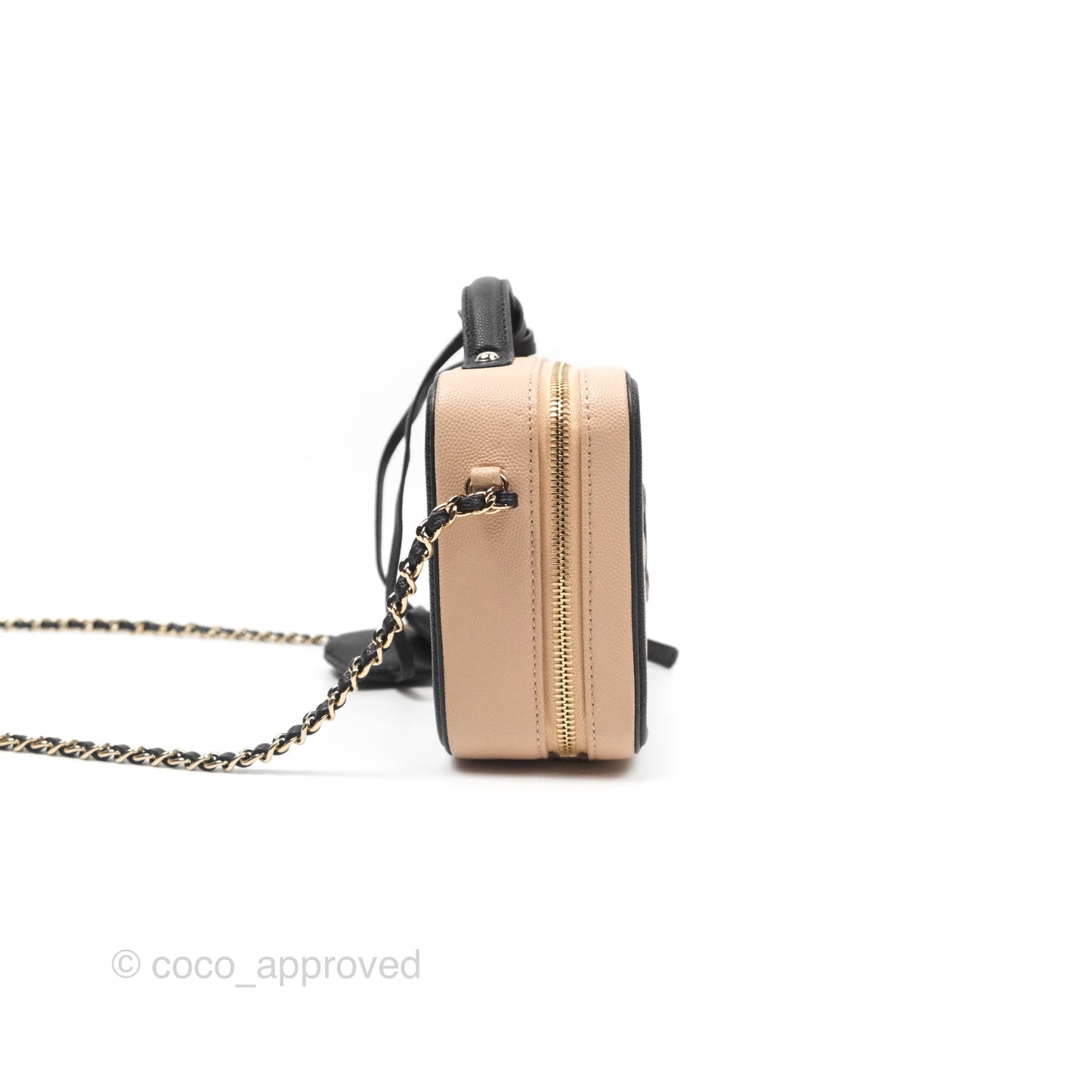 Chanel Quilted New Small CC Filigree Vanity Case Beige Caviar Gold Hardware