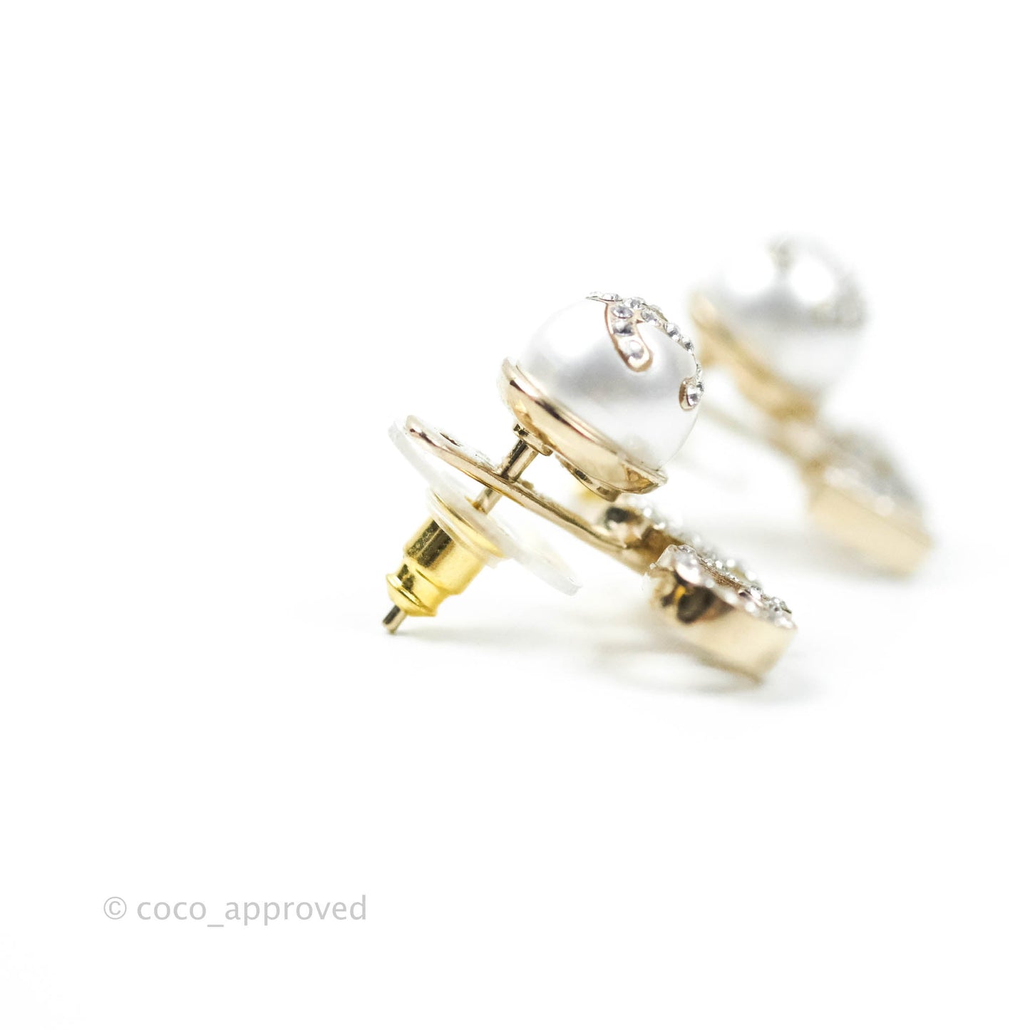 Chanel CC Pearl Rhinestone Earrings Gold Tone 21A