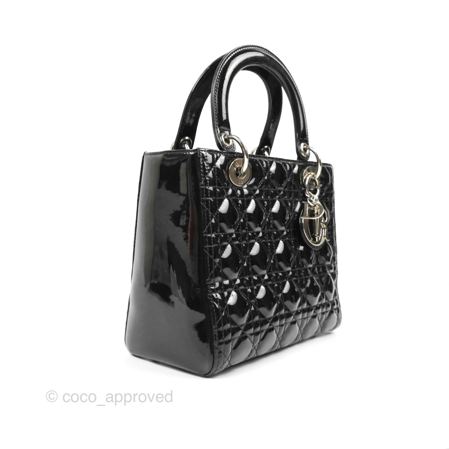 Christian Dior Medium Lady Dior Black Patent Silver Hardware