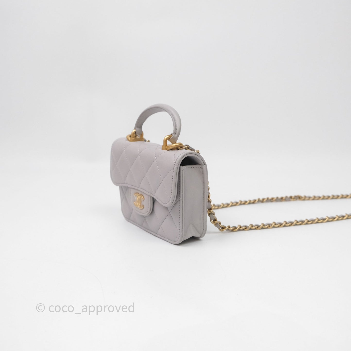 Chanel Mini Handle Flap Coin Purse With Chain Grey Lambskin Aged Gold Hardware