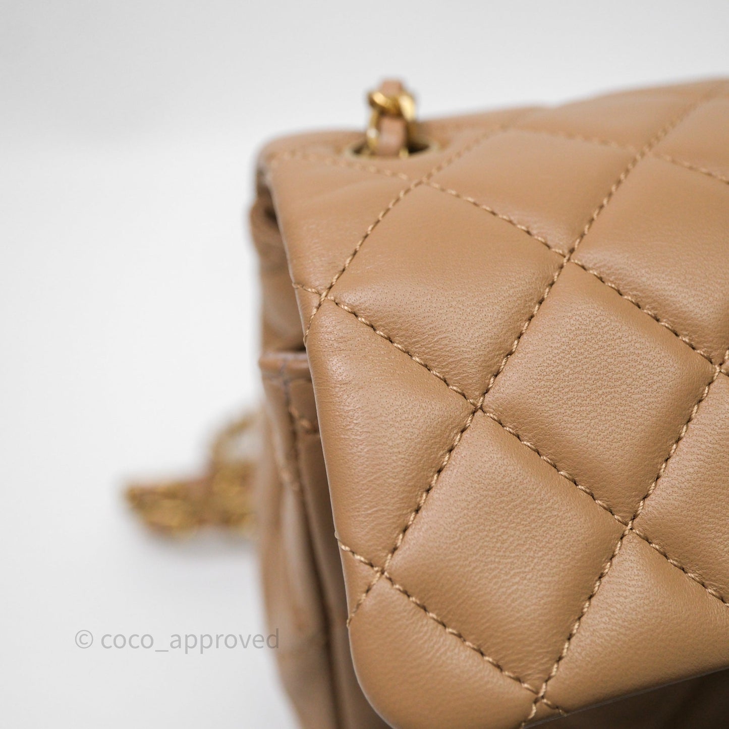 Chanel Pearl Crush Mini Square Quilted Beige Lambskin Aged Gold Hardware