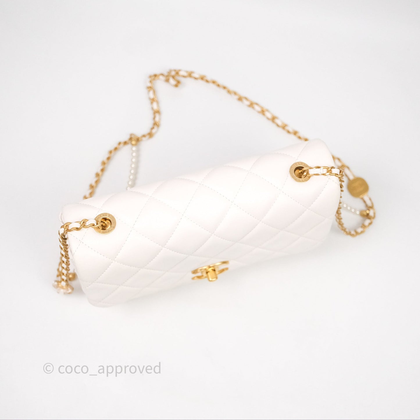 Chanel Flap Bag with Pearl Chain Ivory White Aged Gold Hardware 25P