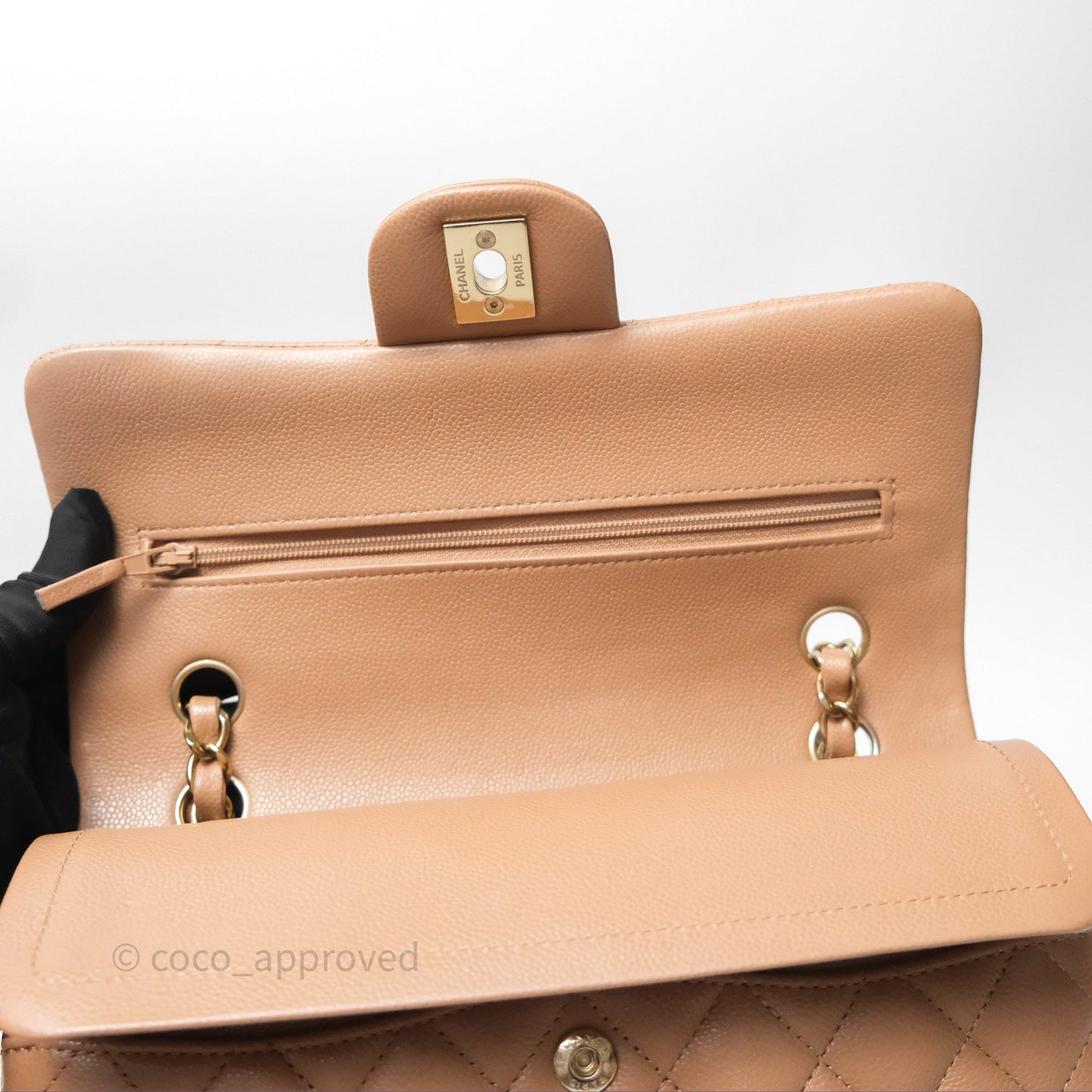 Chanel Small Classic Quilted Flap Dark Beige Caviar Gold Hardware