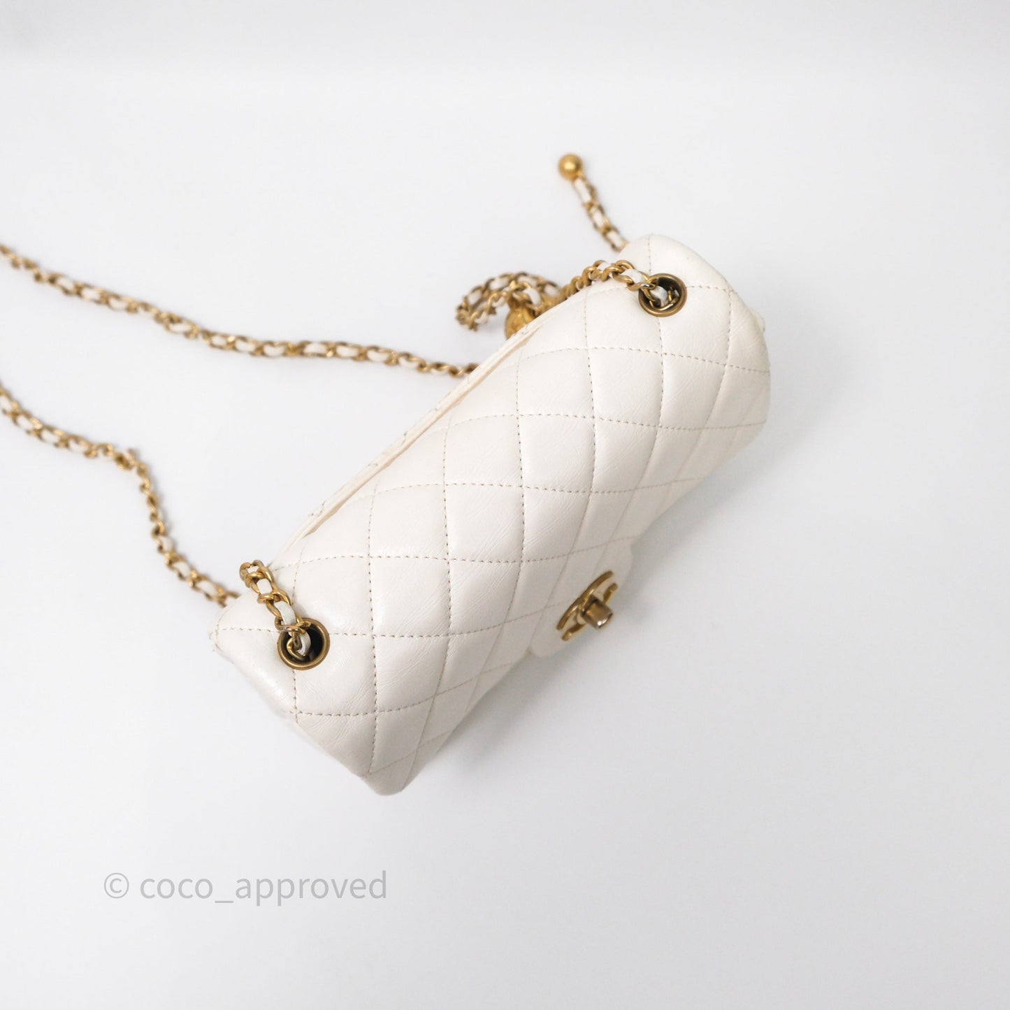 Chanel Mini Rectangular Pearl Crush Quilted White Lambskin Aged Gold Hardware