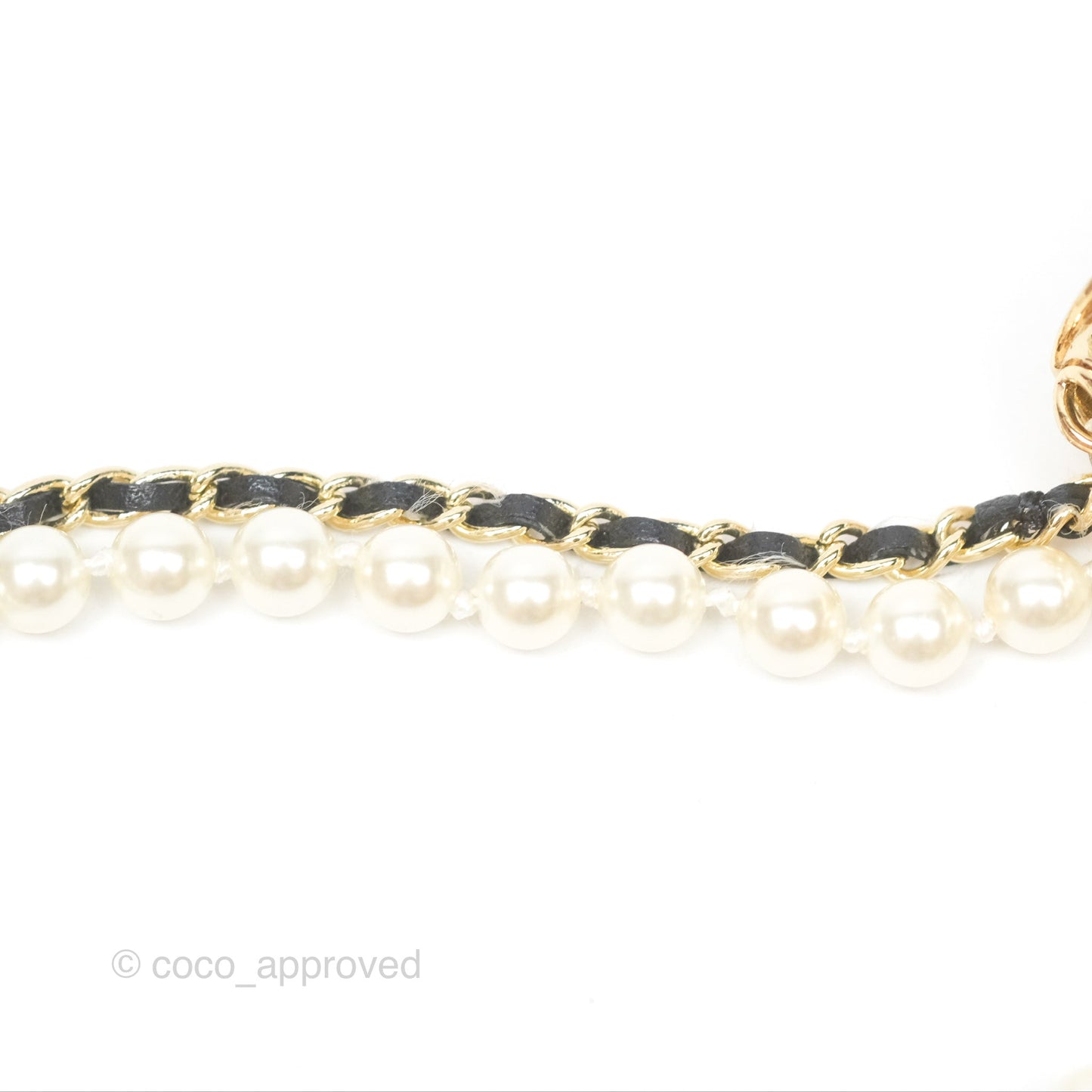 Chanel Flap Bag Charm Pearl Chain Black Leather Long Necklace Gold Tone 21S