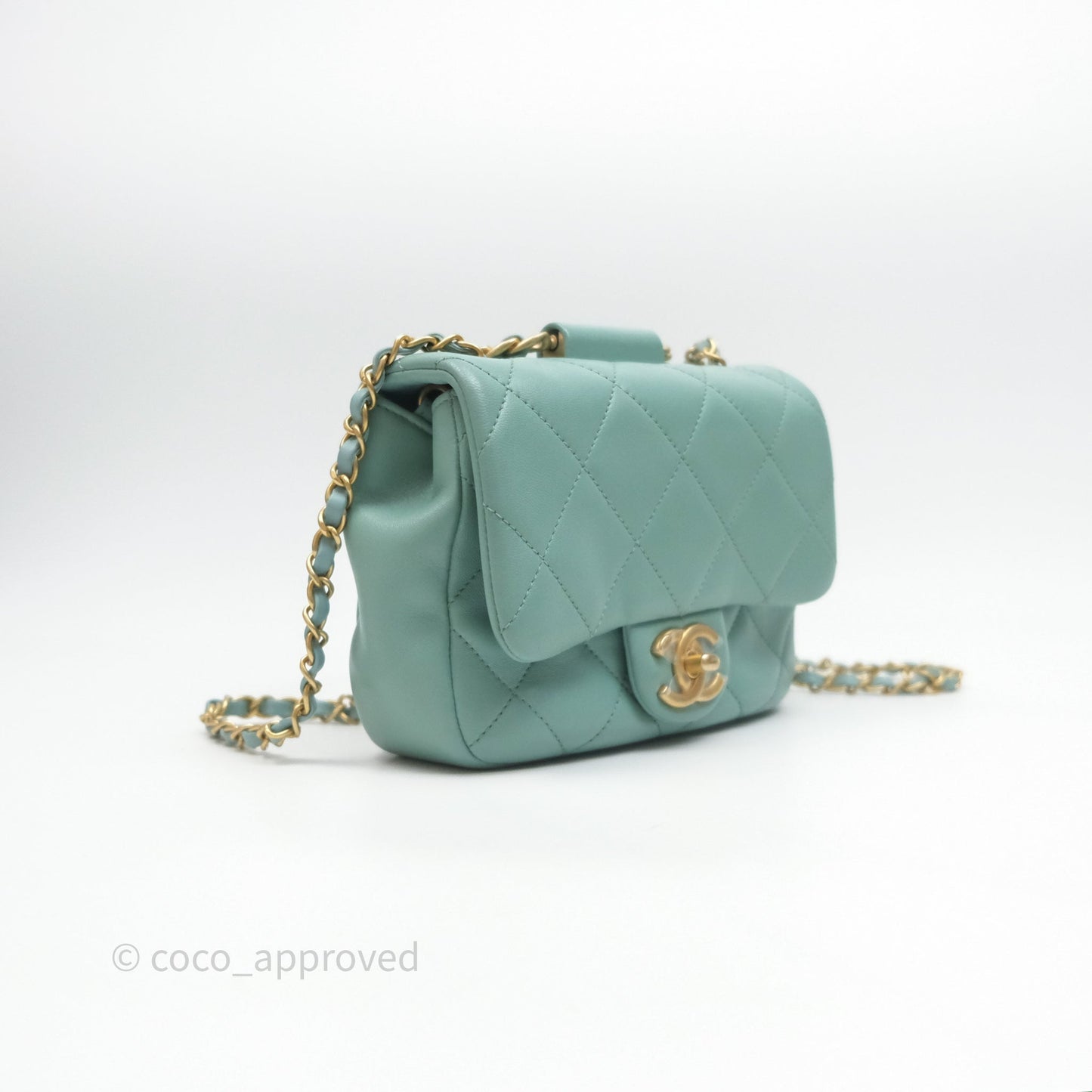 Chanel Quilted Small Circular Handle Bag Mint Green Aged Gold Hardware