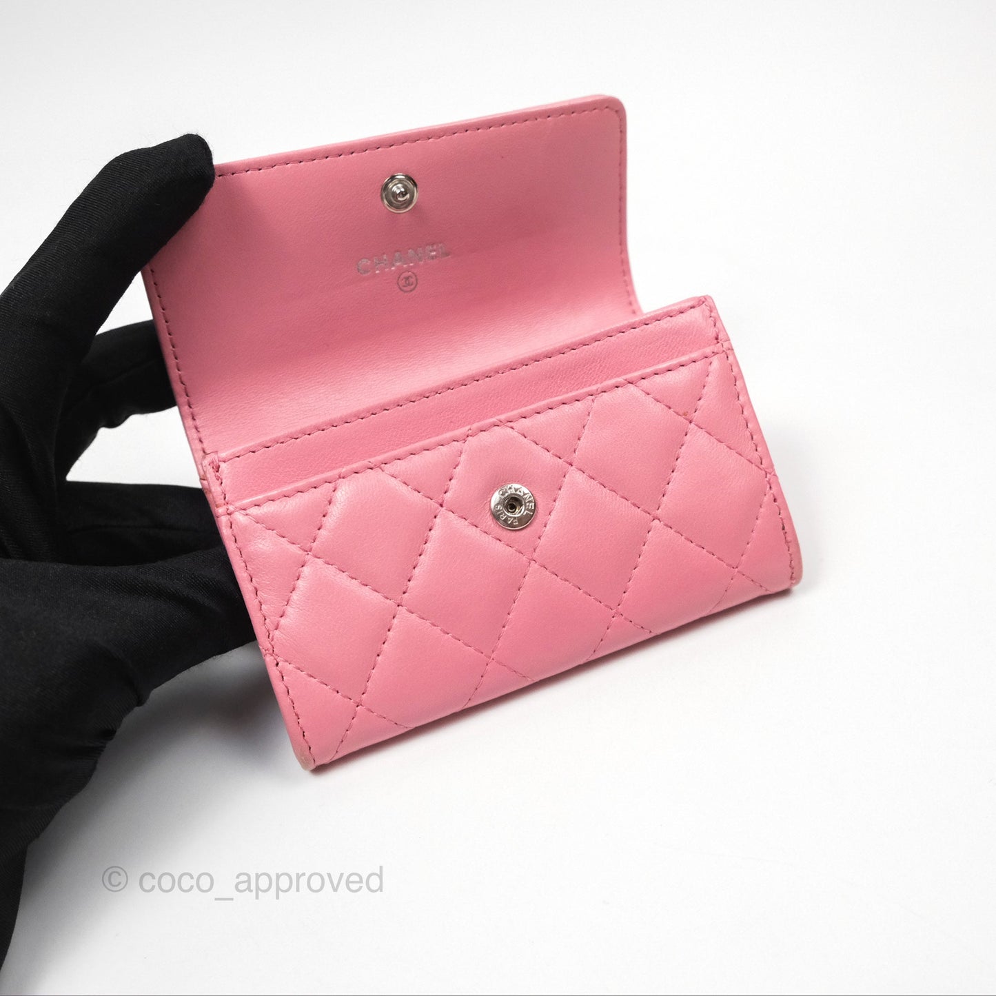 Chanel Quilted Flap Card Holder Pink Lambskin Silver Hardware