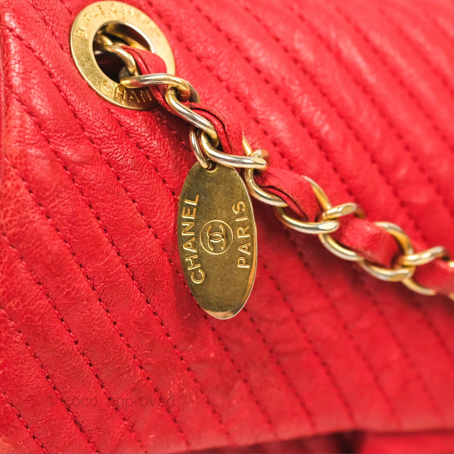 Chanel Small Chevron Surpique Flap Red Calfskin Aged Gold Hardware