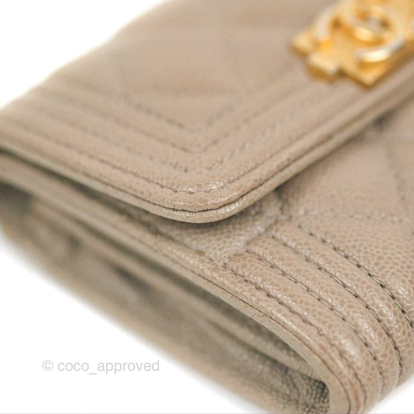 Chanel Quilted Boy Flap Card Holder Taupe Grey Caviar Aged Gold Hardware