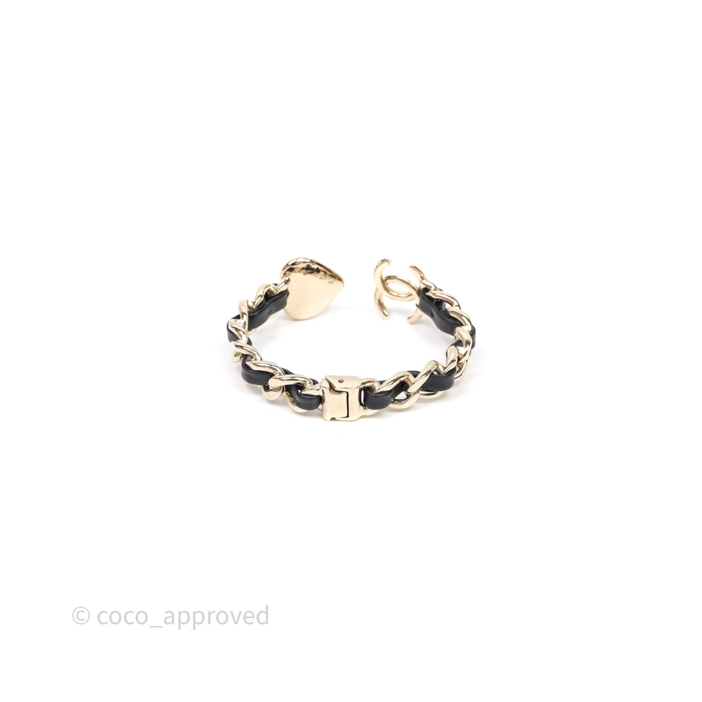 Chanel CC Black Leather Heart Bracelet Gold Tone 22C