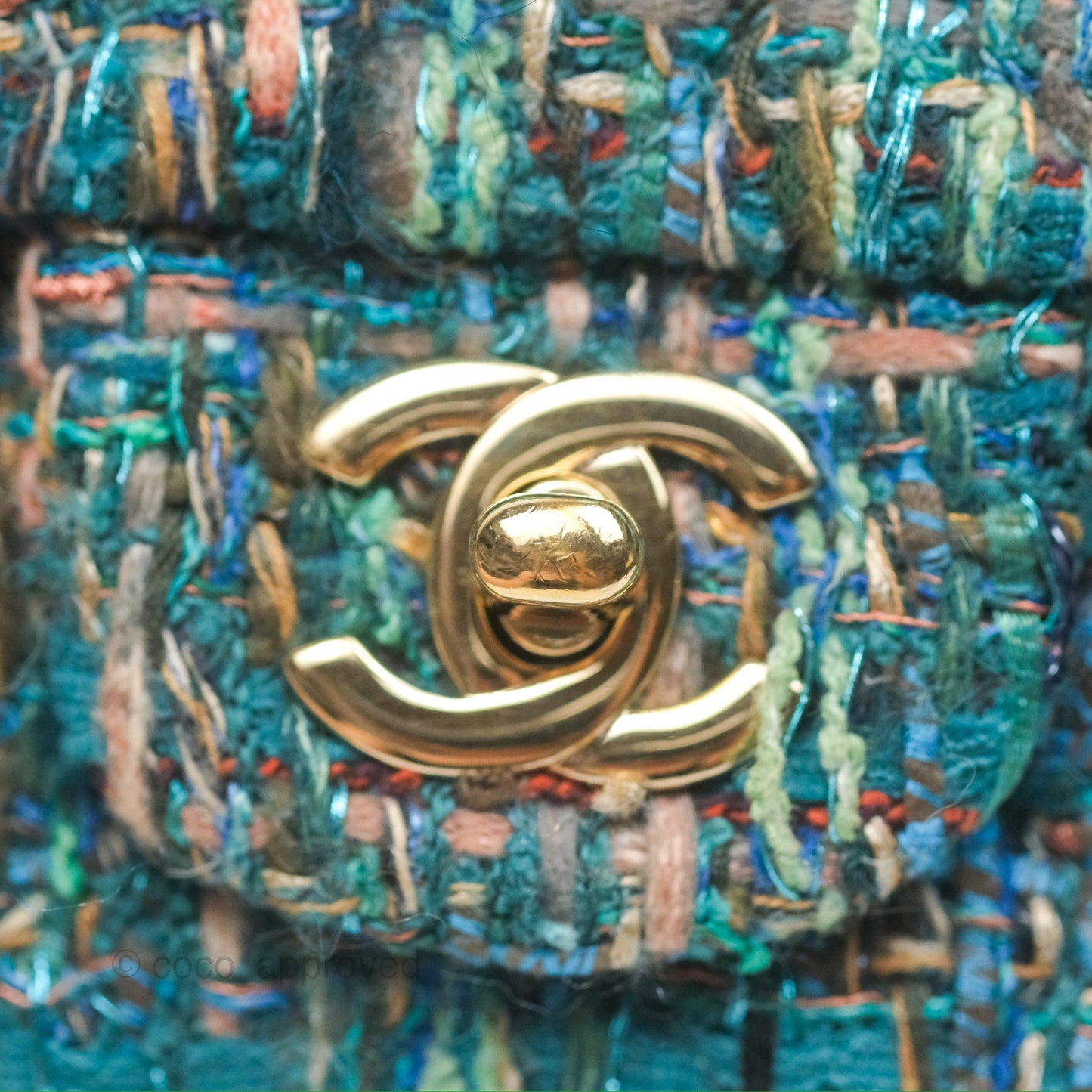 Chanel Mini Rectangular Flap Teal Tweed Gold Hardware