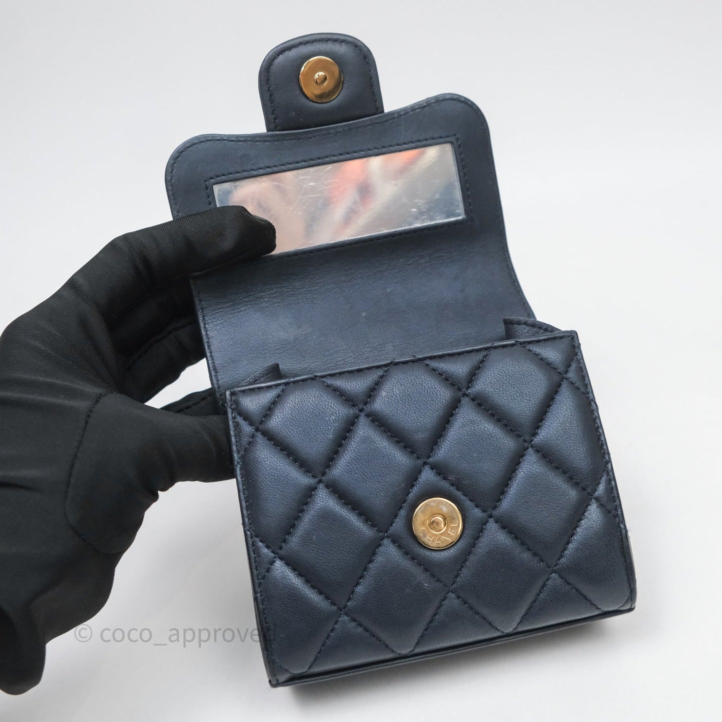 Chanel Mini Handle Clutch With Chain Iridescent Dark Navy Lambskin Gold Hardware