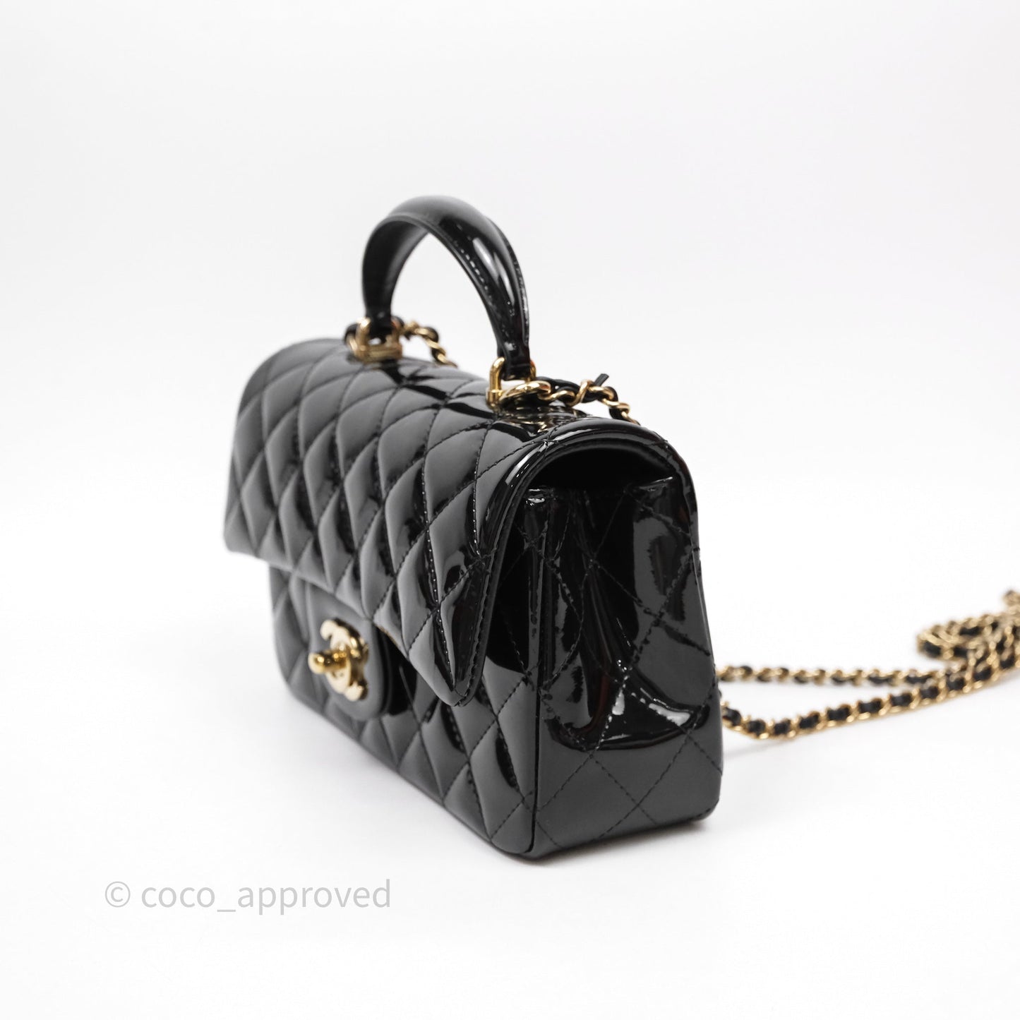 Chanel Top Handle Mini Rectangular Flap Black Patent Gold Hardware