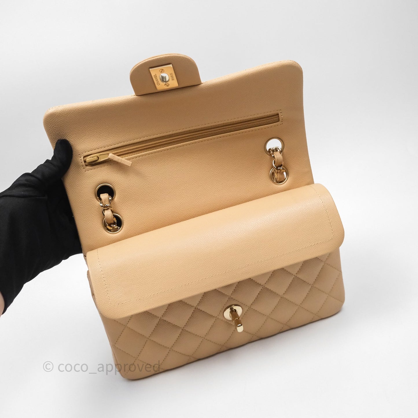 Chanel Classic Small S/M Quilted Flap Beige Caviar Gold Hardware