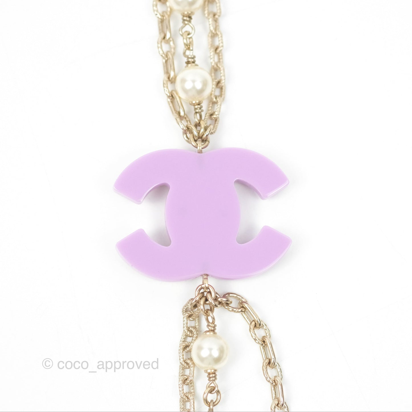 Chanel Purple CC Pearl Chain Long Necklace Gold Tone 15B