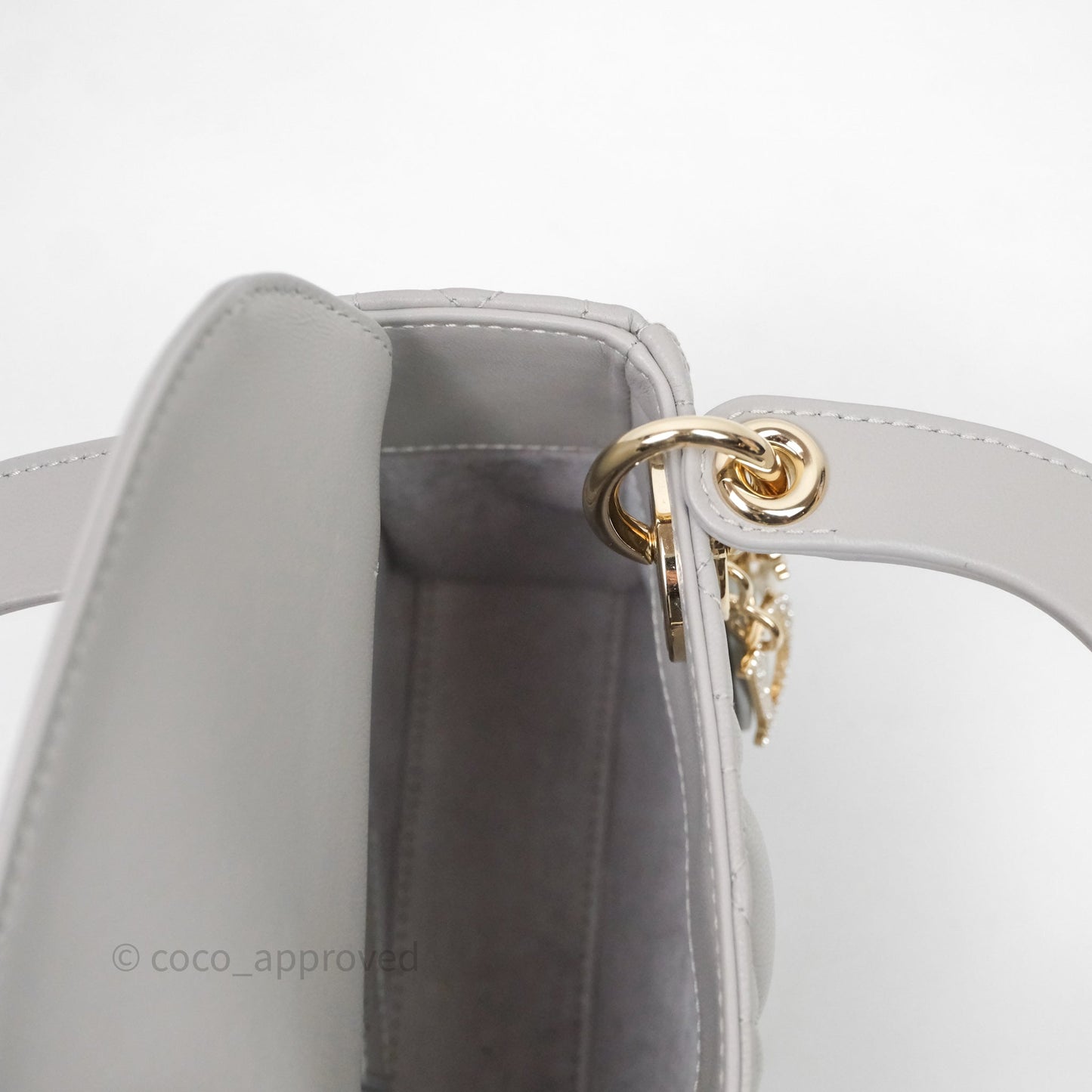 Christian Dior Mini Lady Dior Gray Lambskin Cannage Diamonds Gold Hardware