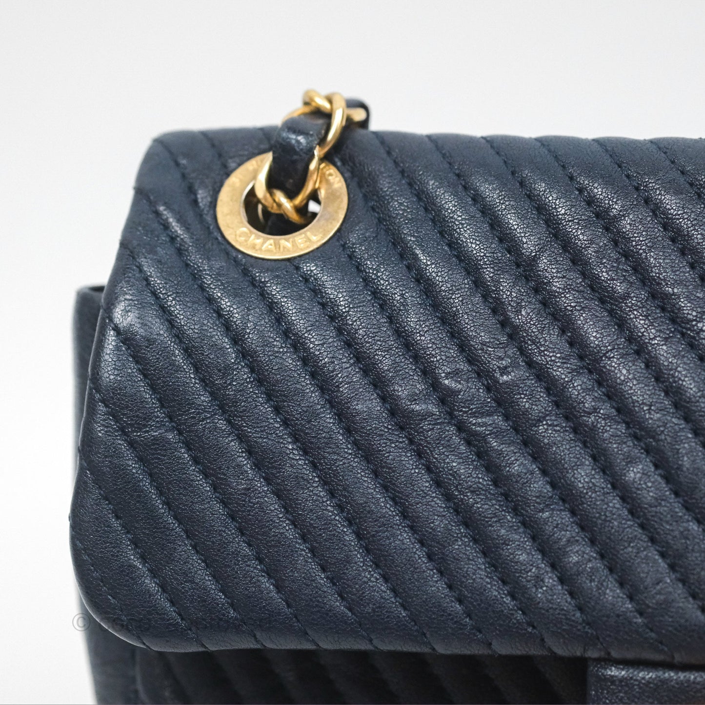 Chanel Small Chevron Surpique Flap Navy Calfskin Aged Gold Hardware