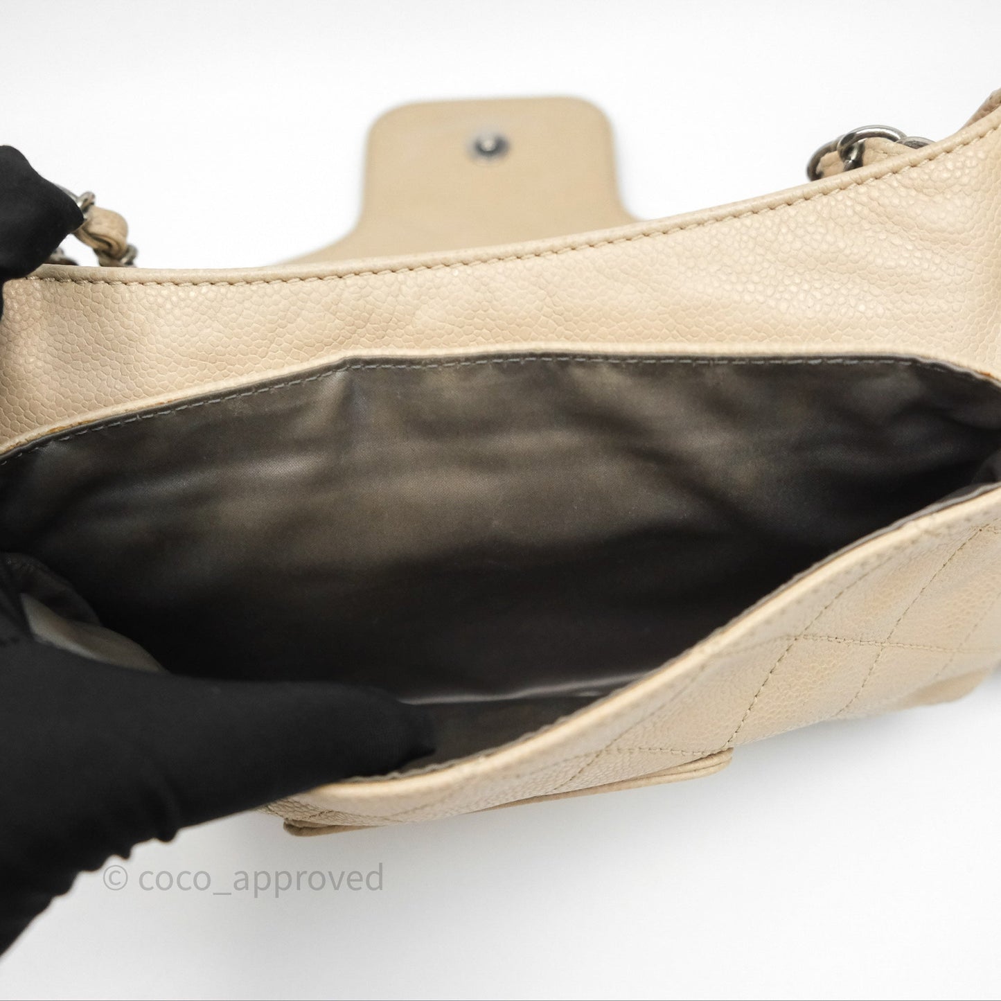Chanel Quilted Coco Rider Hobo Bag Beige Caviar Ruthenium Hardware