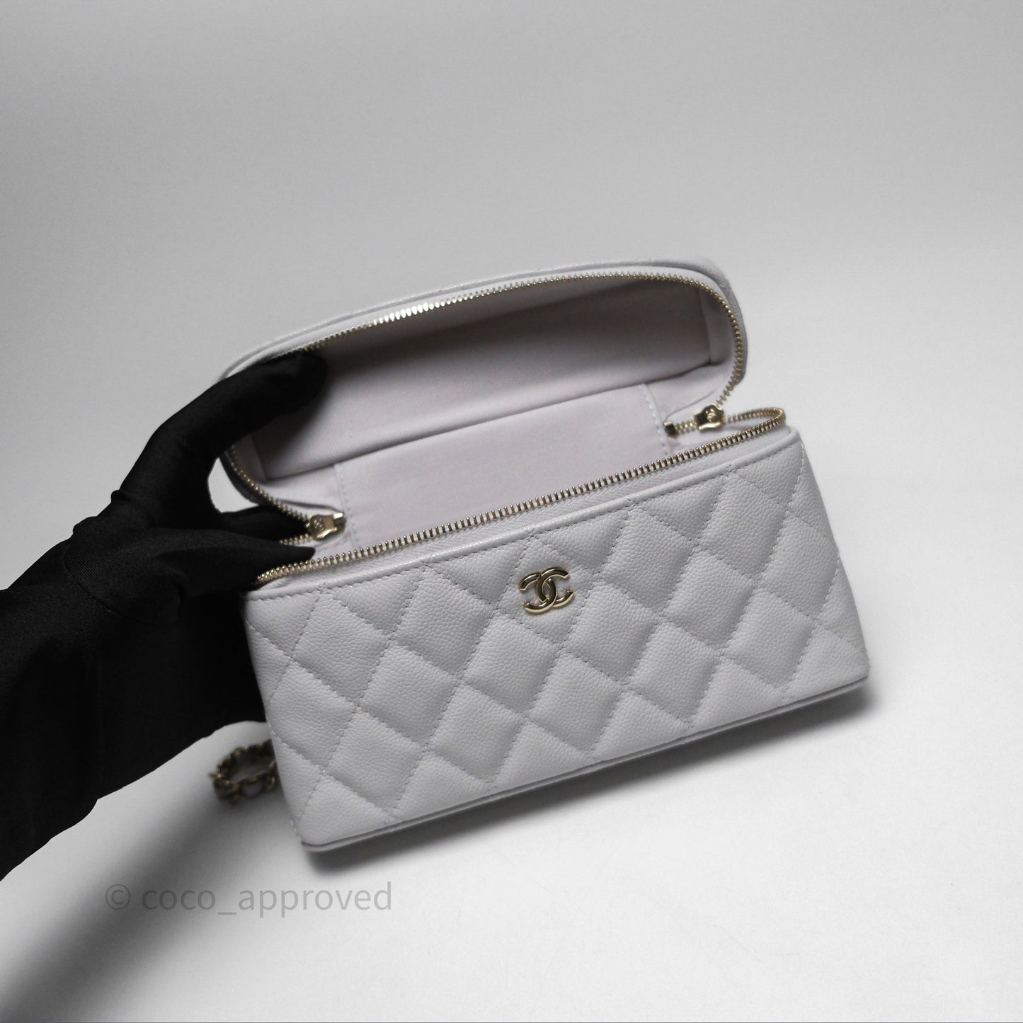 Chanel Top Handle Long Vanity with Chain Light Grey Caviar Gold Hardware