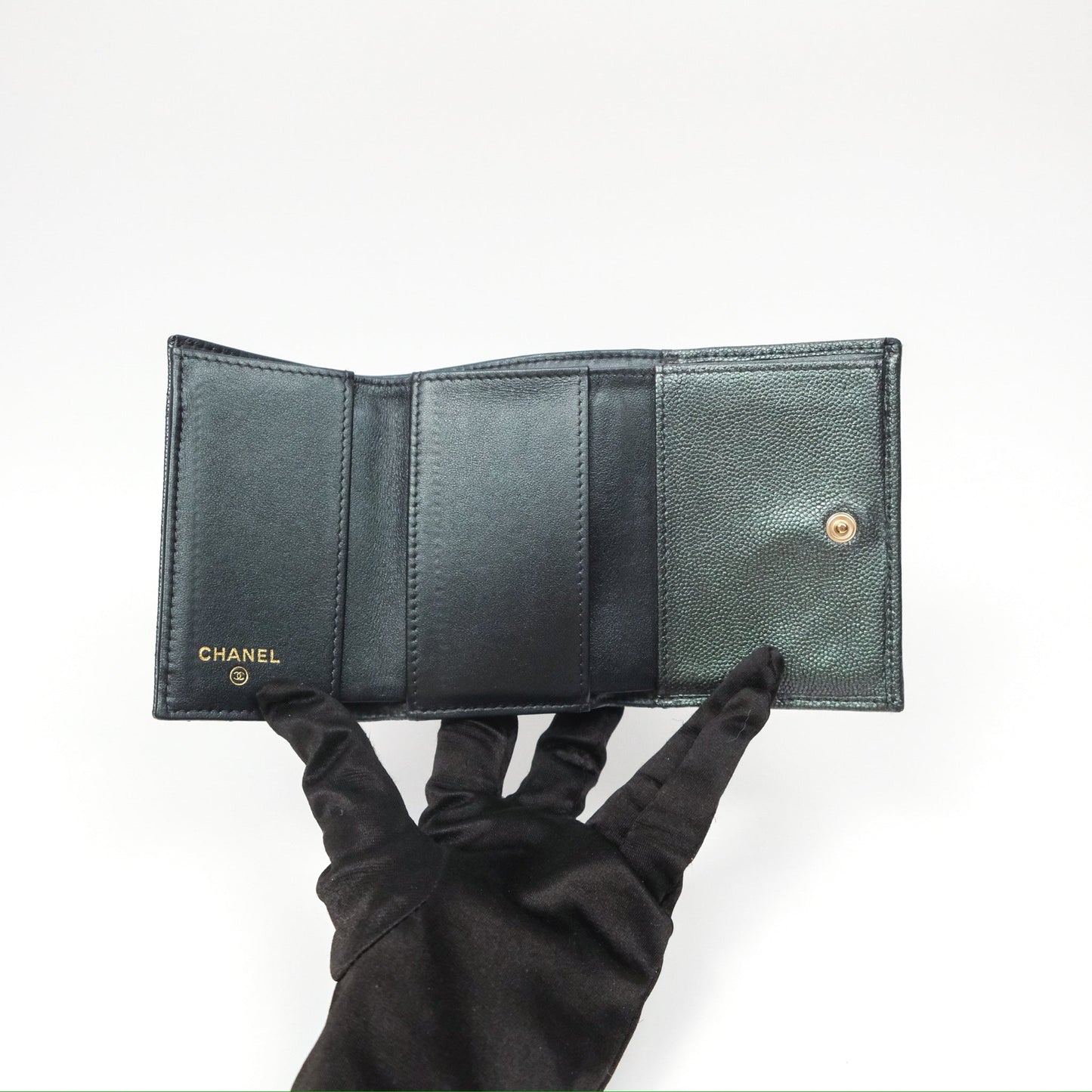 Chanel Quilted White CC Short Wallet Iridescent Green Purple Gold Hardware