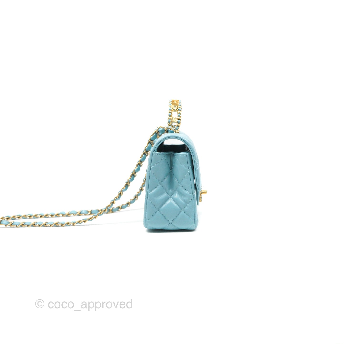 Chanel Flap Bag with Crystal Logo Top Handle Tiffany Blue Lambskin Aged Gold Hardware