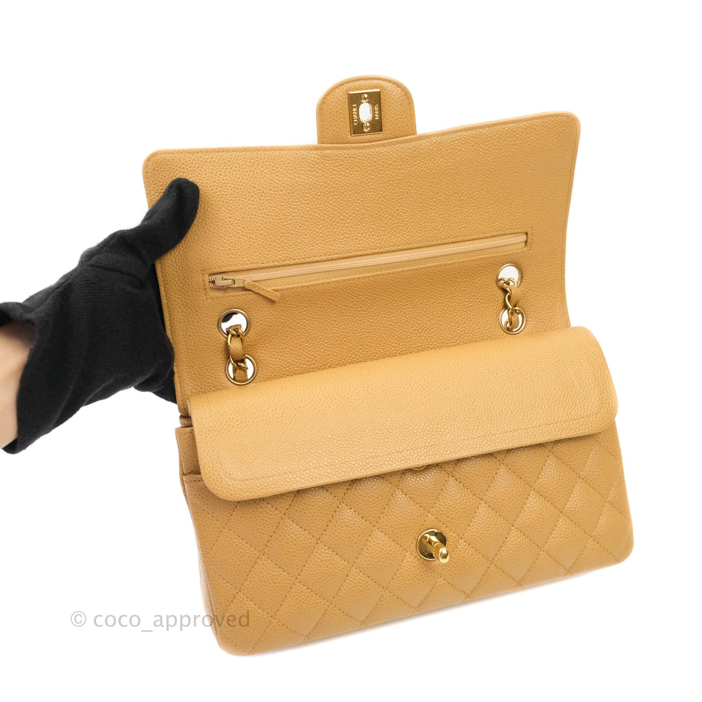 Chanel Classic M/L Medium Double Flap Dark Beige Caviar 24K Gold Hardware