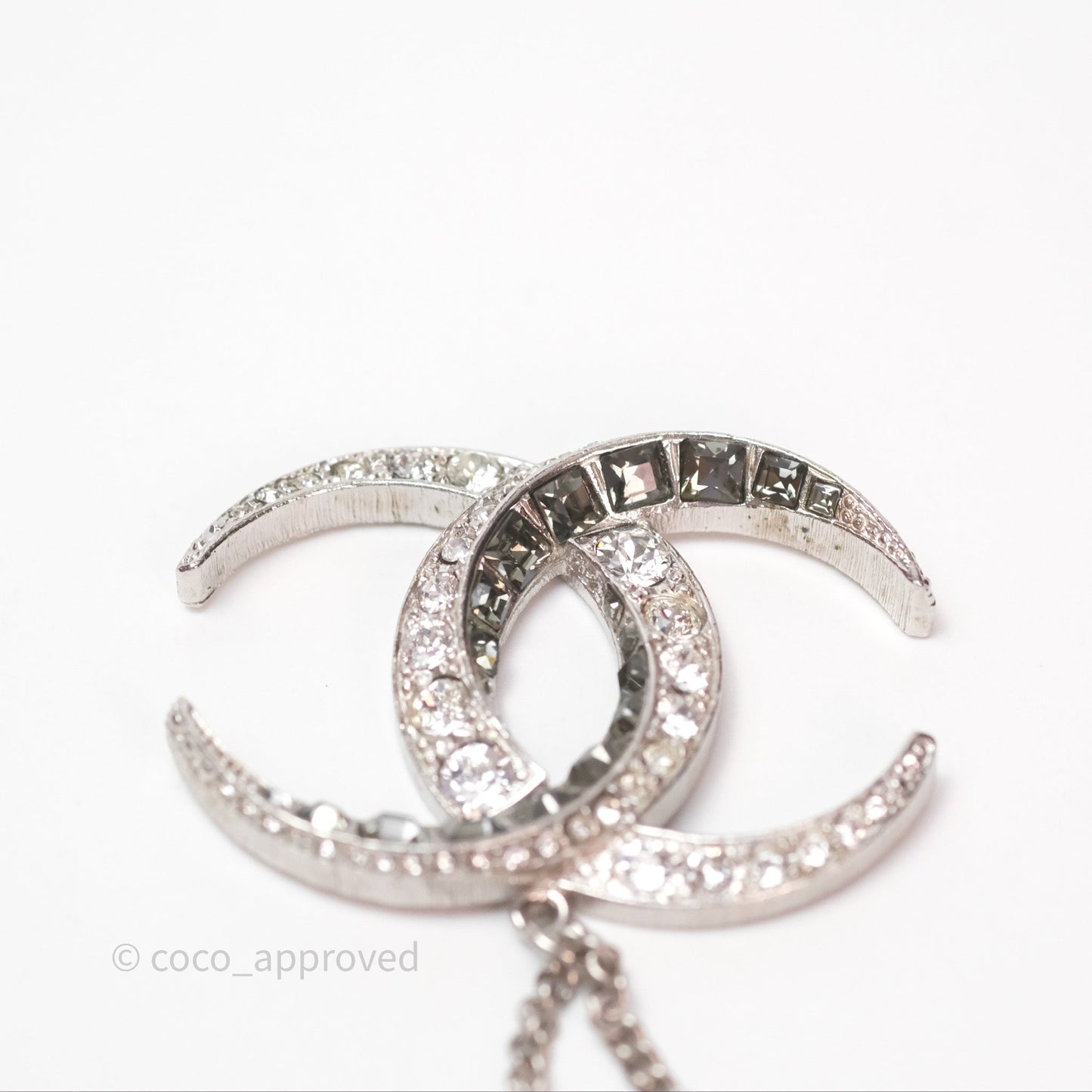 Chanel Crystal CC Long Necklace Silver Tone 15C