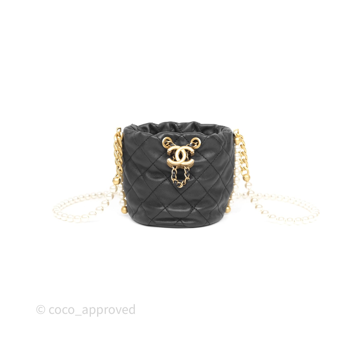 Chanel Quilted Pearl Mini About Pearls Drawstring Bucket Bag Black Calfskin