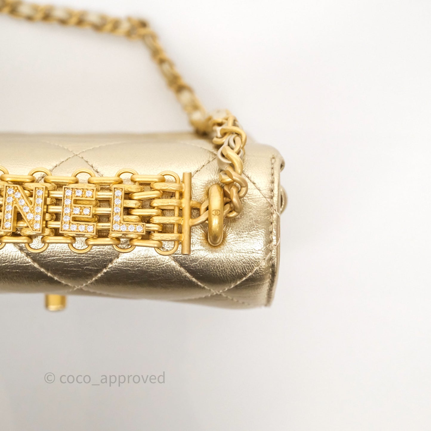 Chanel Mini Crystal Logo Handle Flap Bag Metallic Gold Lambskin 22S