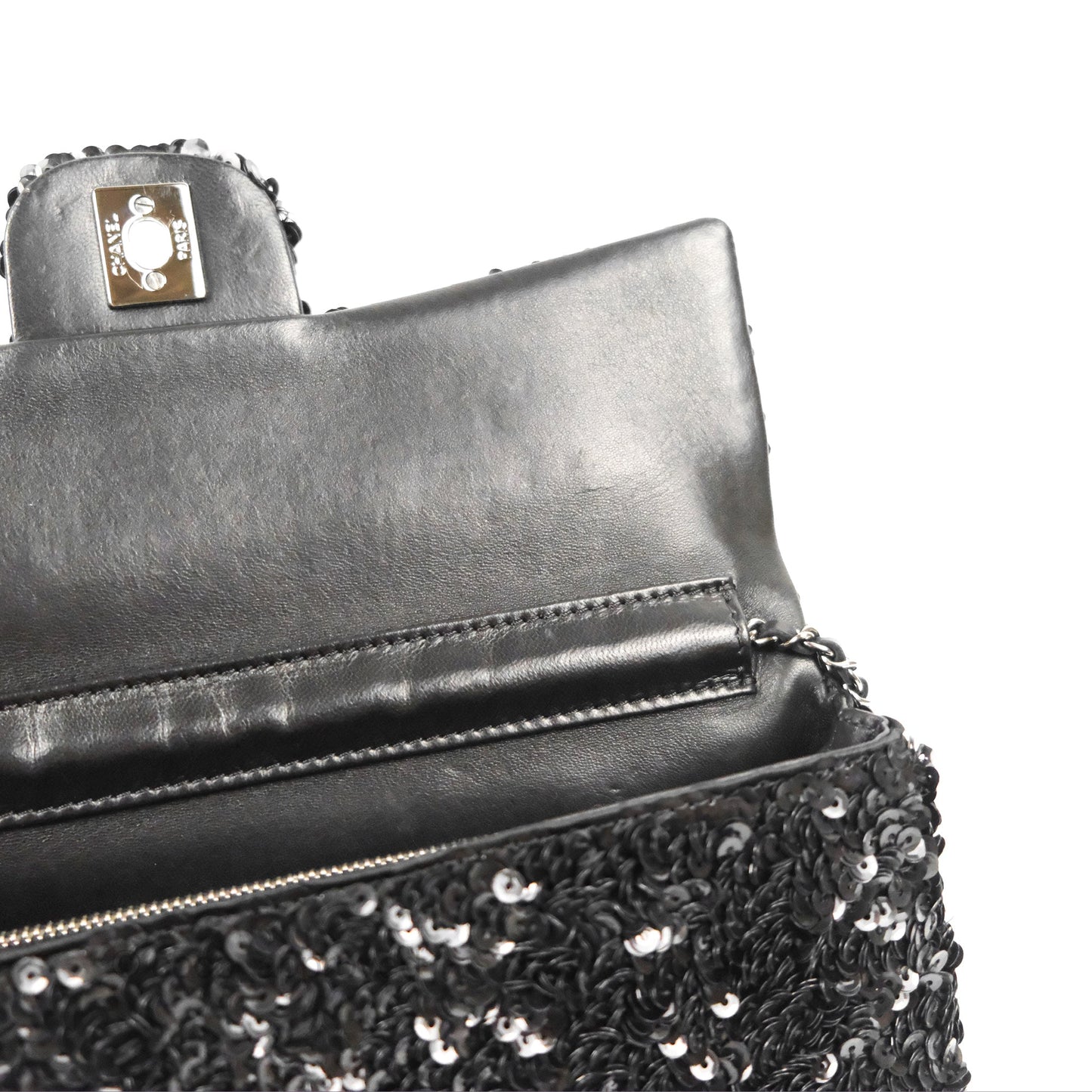Chanel East West Flap Bag Black Sequin Dark Silver Hardware