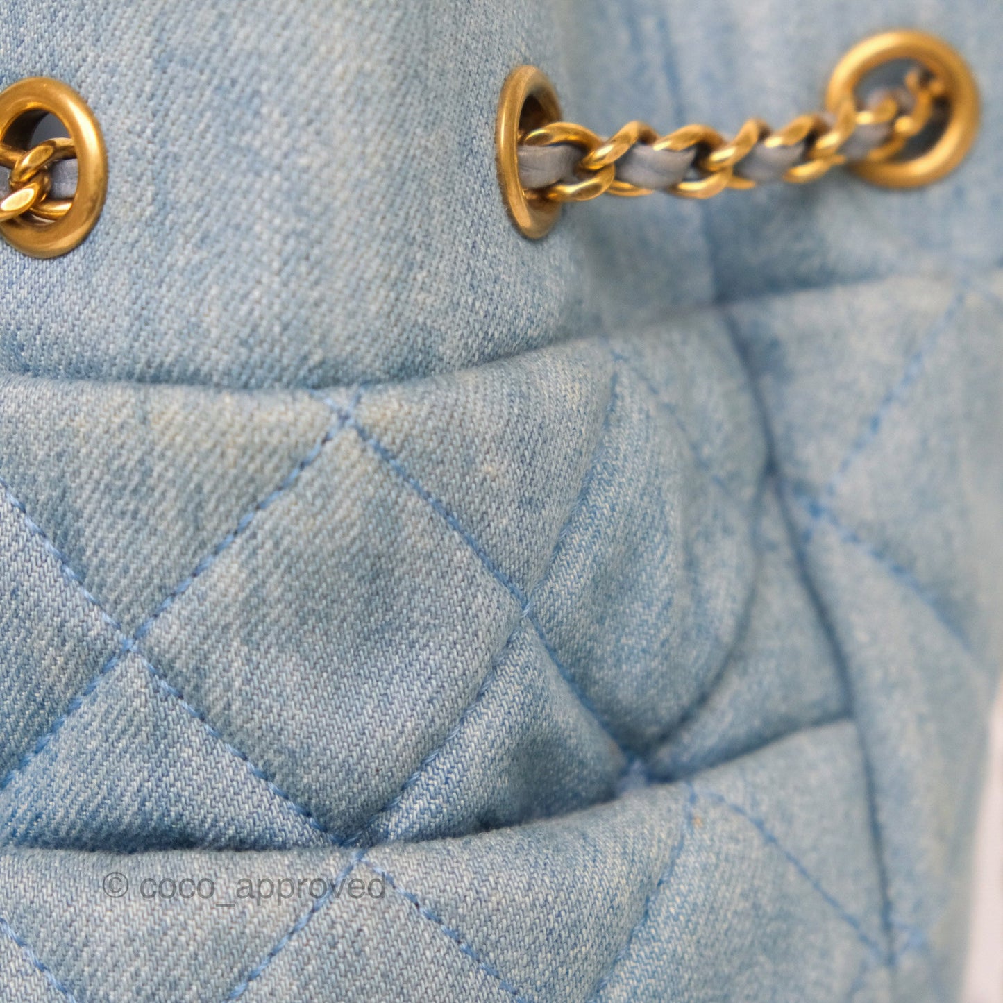 Chanel Drawstring Bucket Bag Denim Blue Aged Gold Hardware