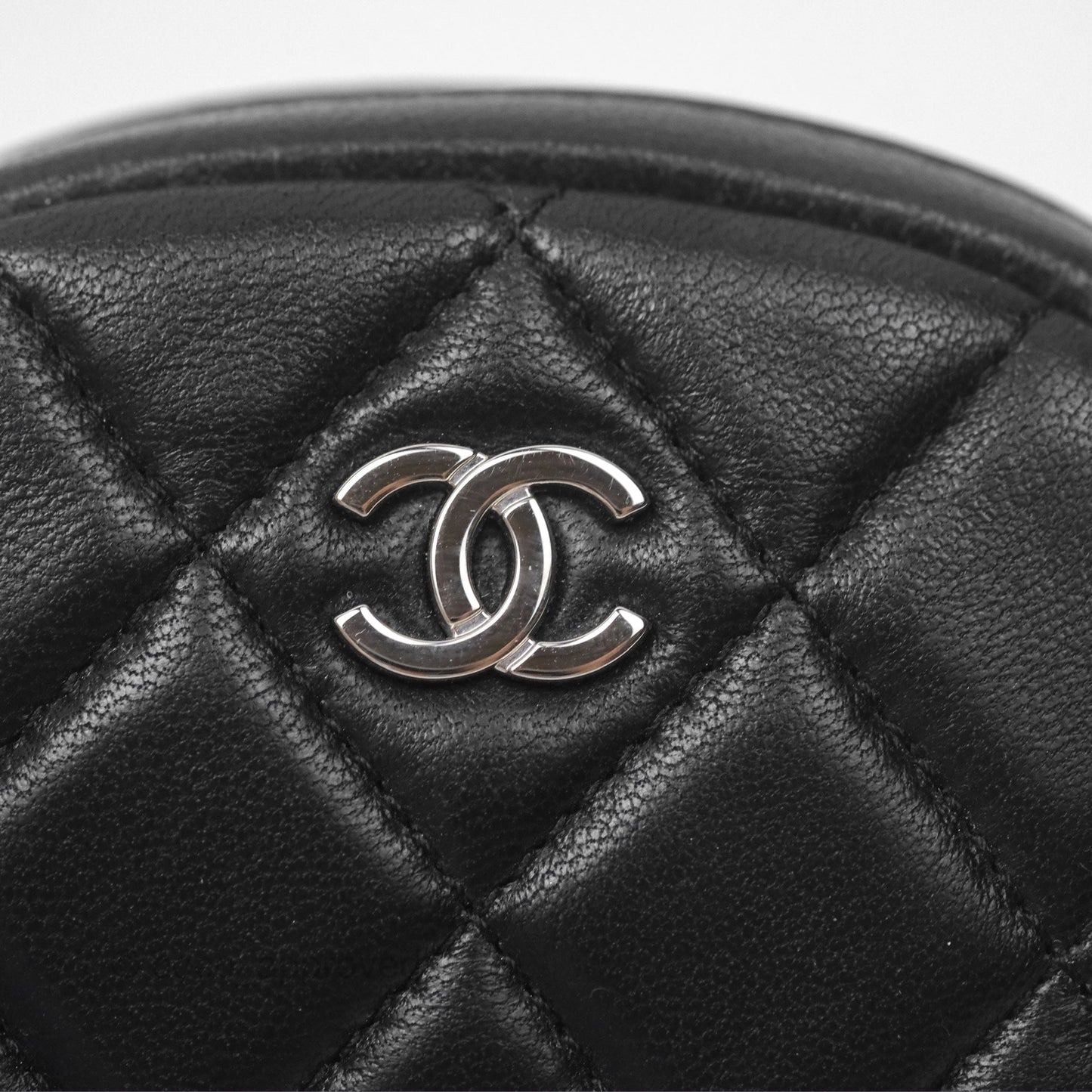 Chanel Quilted CC Round Coin Purse Black Lambskin Silver Hardware