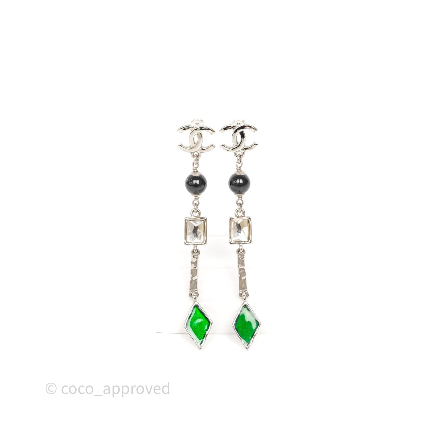 Chanel CC Black/ Green Resin Drop Earrings Silver Tone 26X