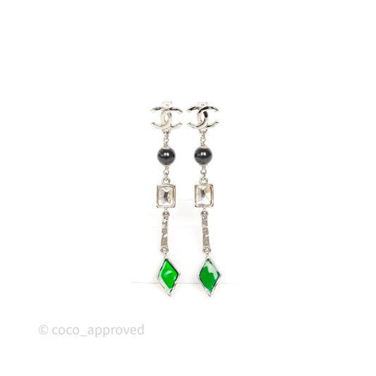 Chanel CC Black/ Green Resin Drop Earrings Silver Tone 26X