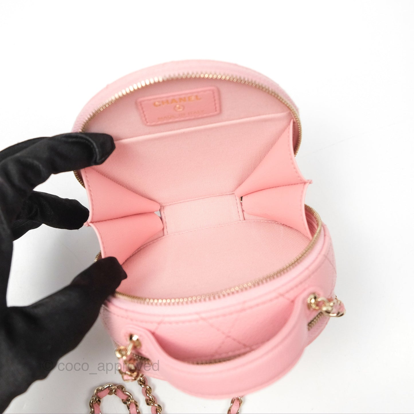 Chanel Mini Round Vanity Bag Handle With Care Pink Caviar 22C